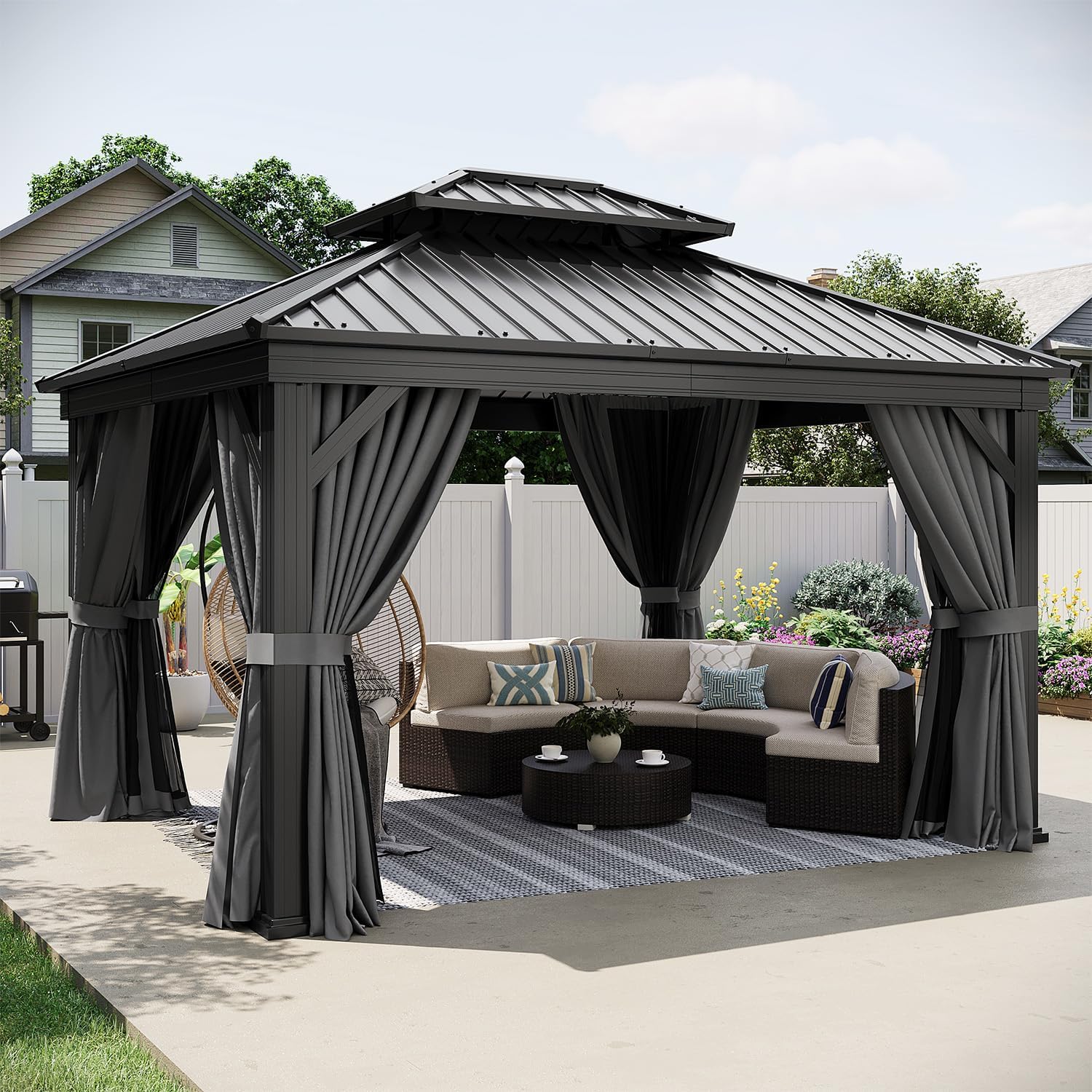10' x 12' Gray Hardtop Gazebo, Rectangular Double Roof Metal Pavilion with Posts, Outdoor Gazebo with Curtains for Patio, Deck, and Backyard