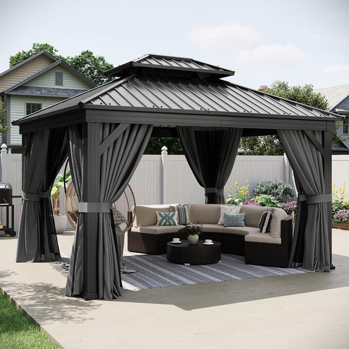 10' x 12' Gray Hardtop Gazebo, Rectangular Double Roof Metal Pavilion with Posts, Outdoor Gazebo with Curtains for Patio, Deck, and Backyard