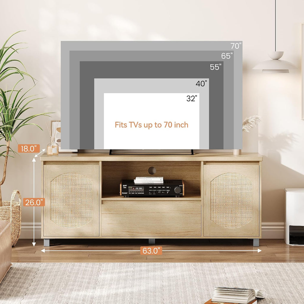IDEALHOUSE 63in TV Stand for TVs Up to 70', Fluted Entertainment Center with Storage Drawer and Open Shelves, Modern TV Console Media Cabinet for Living Room, Bedroom