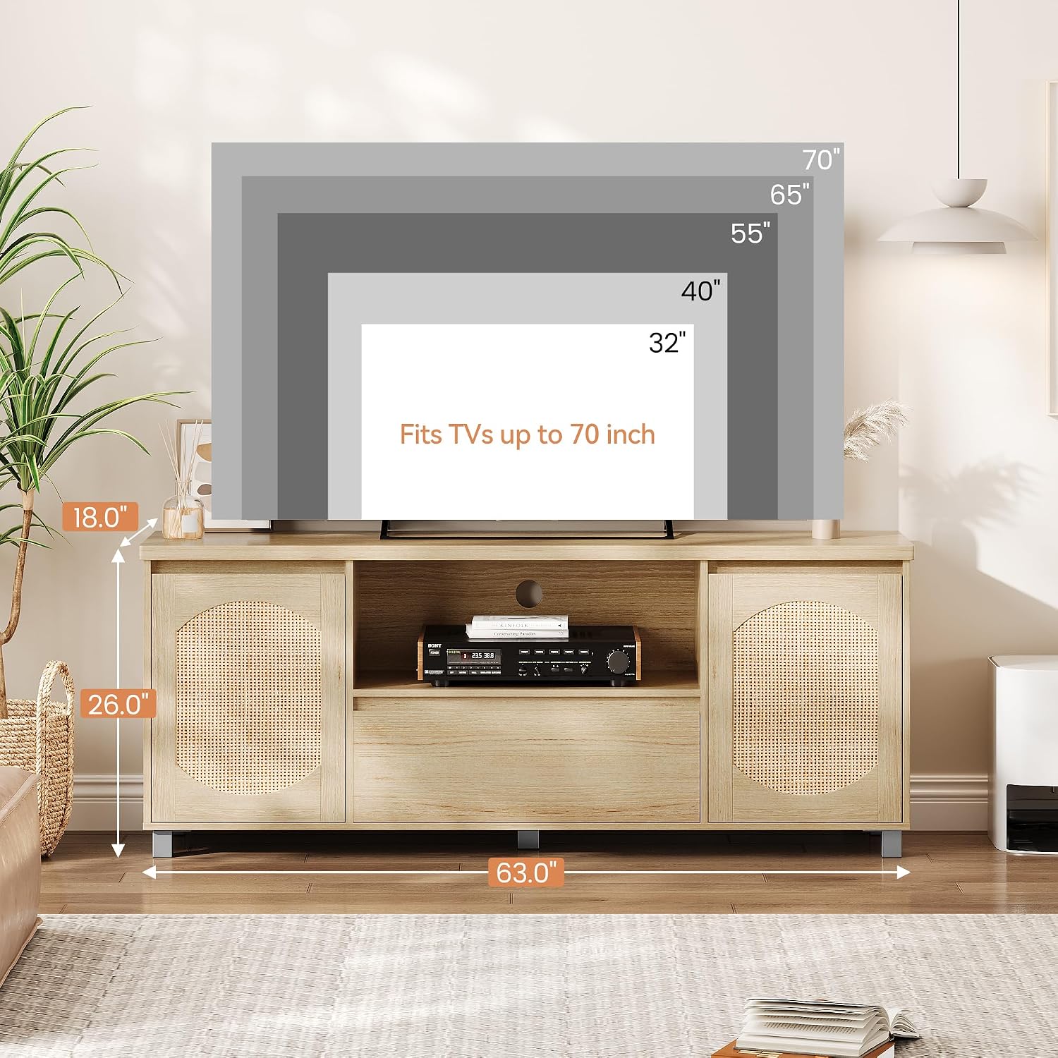 IDEALHOUSE 63in TV Stand for TVs Up to 70', Fluted Entertainment Center with Storage Drawer and Open Shelves, Modern TV Console Media Cabinet for Living Room, Bedroom