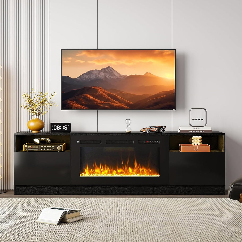80' Fireplace TV Stand with 36' Electric Fireplace, LED Light Entertainment Center for TVs Up to 90', High-Gloss Door, Modern TV Console for Living Room with Storage Cabinet, Black+Black