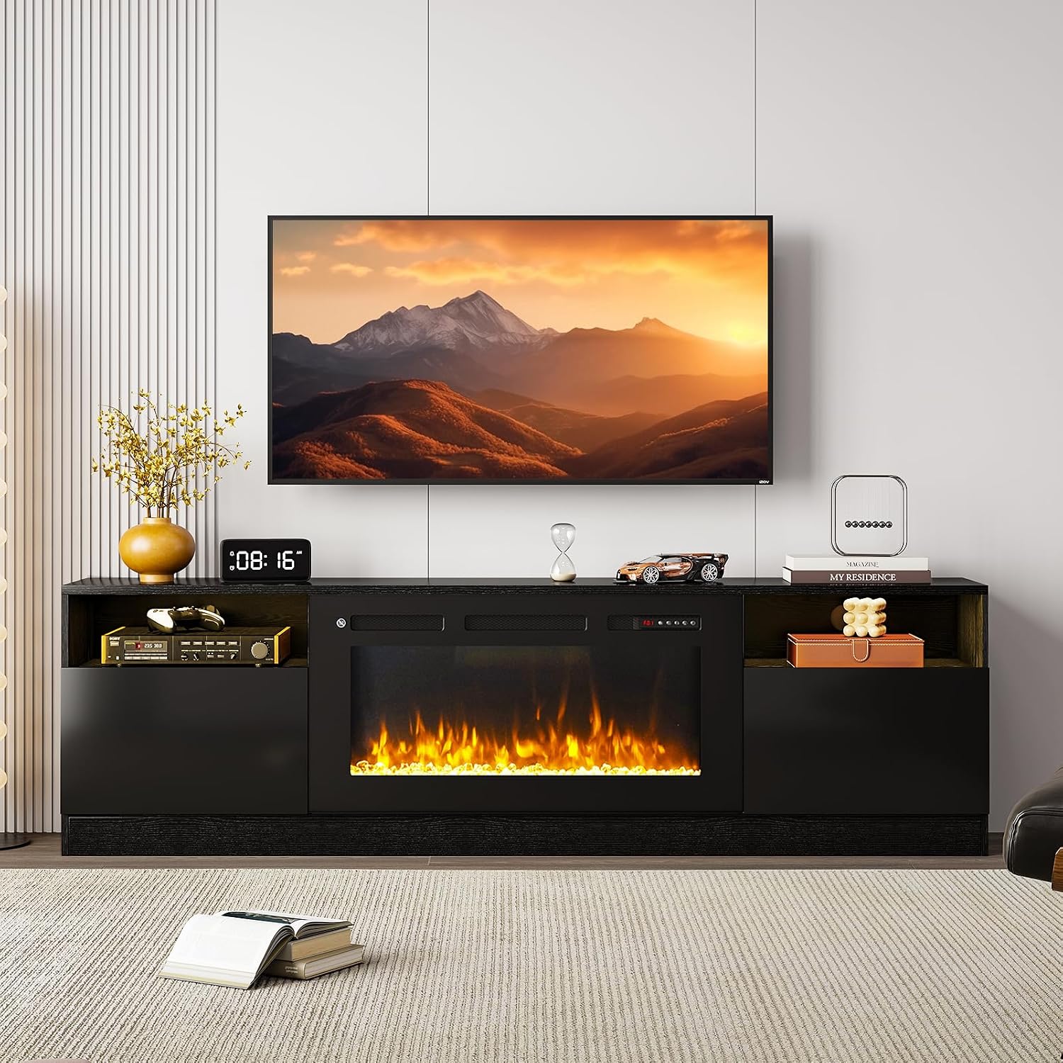 80' Fireplace TV Stand with 36' Electric Fireplace, LED Light Entertainment Center for TVs Up to 90', High-Gloss Door, Modern TV Console for Living Room with Storage Cabinet, Black+Black