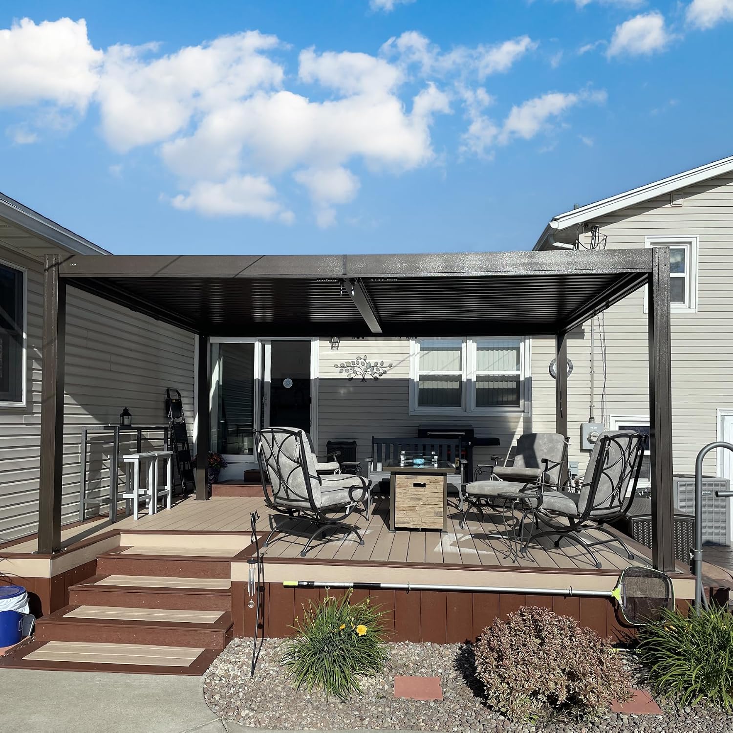 Domi Outdoor Pergola 10x16FT with Adjustable Steel Roof, Louvered Pergola Aluminum Frame for Backyard, Garden and Lawn,Brown