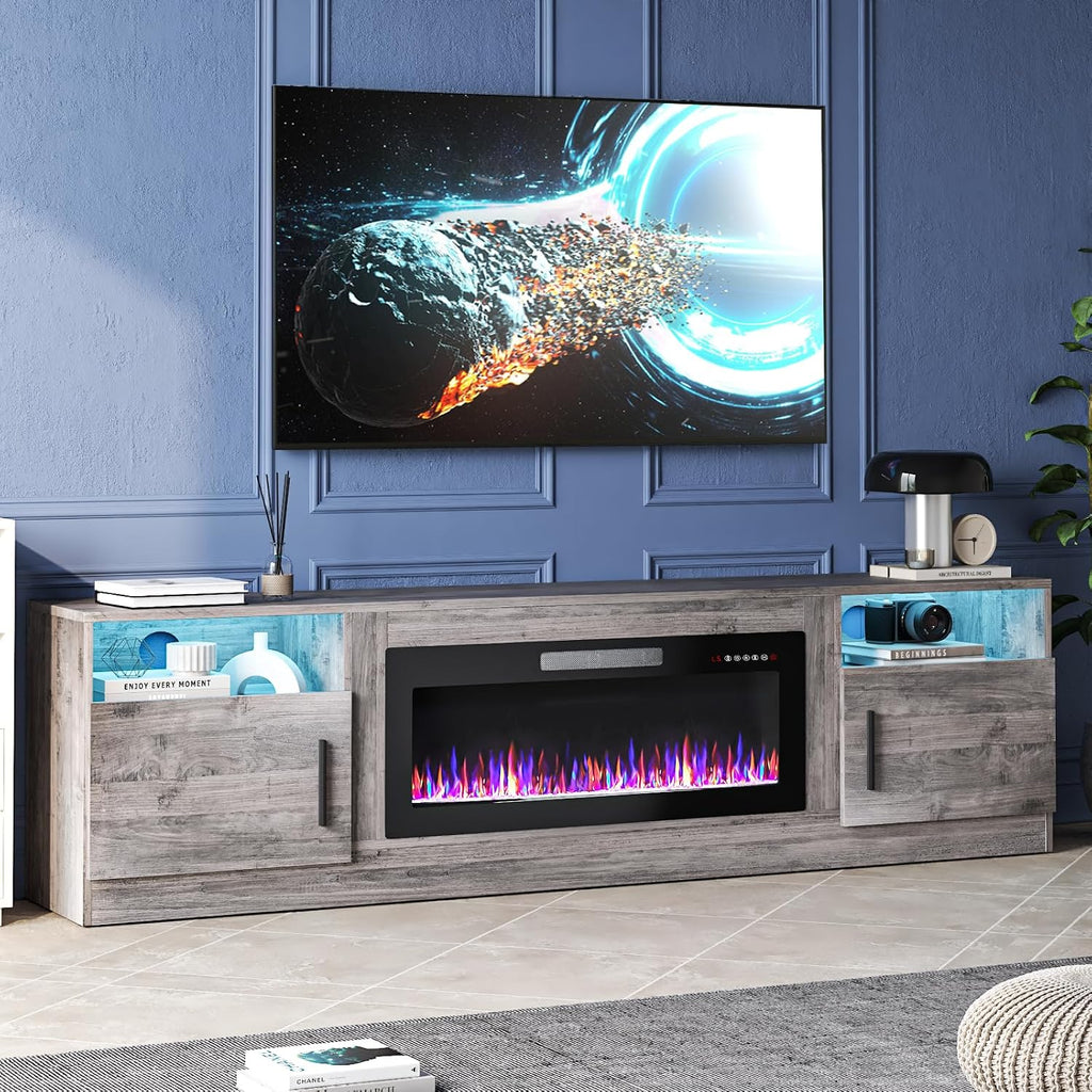 TAVATA Fireplace TV Stand, 80 inch TV Stands for Living Room with 36' Fireplace, Modern Entertainment Center with LED Light for TVs Up to 90', Media Console with Highlight Storage Cabinets (Grey)