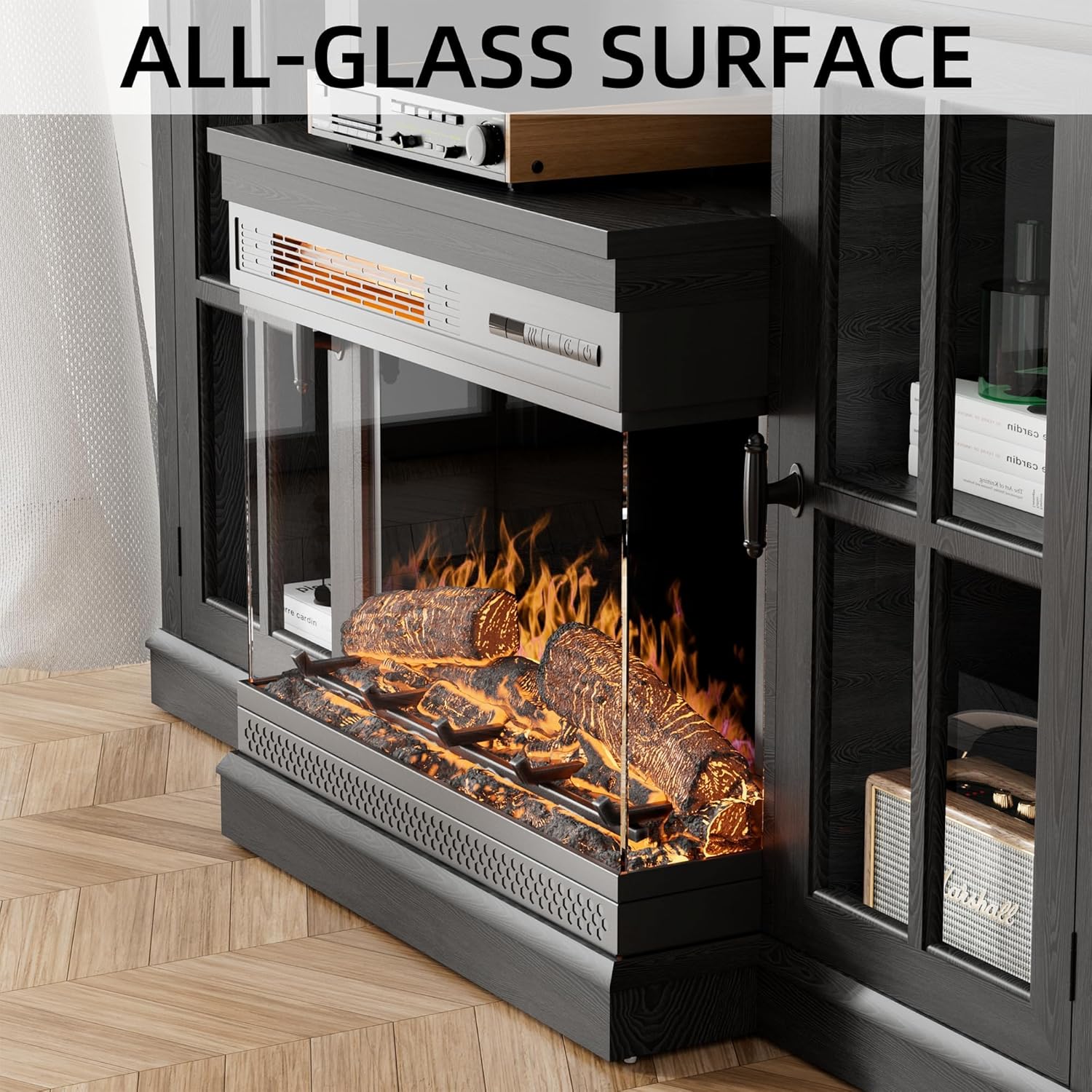 YESHOMY Glass Fireplace TV Stand for Televisions up to 65', Media Entertainment Center Console Table with Doors Closed Storage, Black