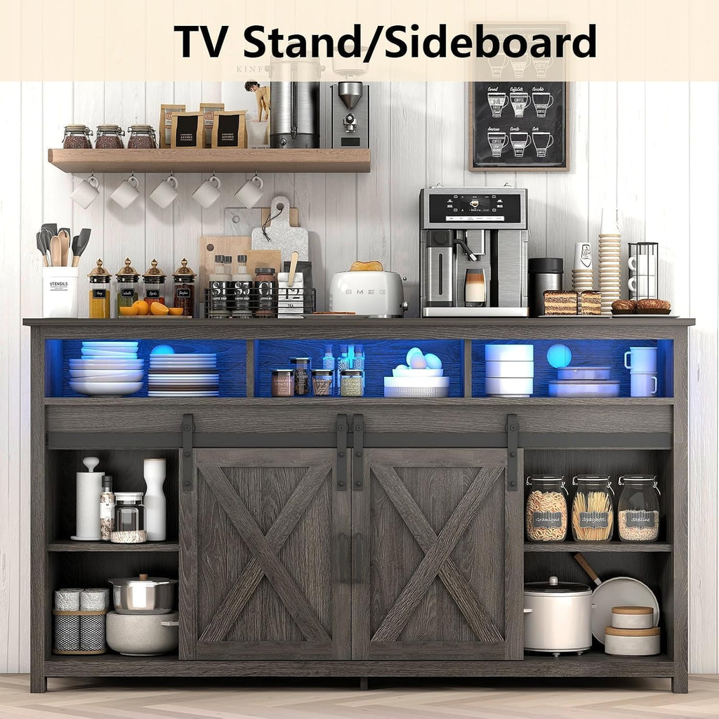 57' LED Farmhouse TV Stand for 65/60/55 Inch TVs,Tall Entertainment Center Storage Cabinets w/Power Outlets and Sliding Barn Door,Rustic TV Stands for Living Room,Media Console Cabinet (Charcoal)