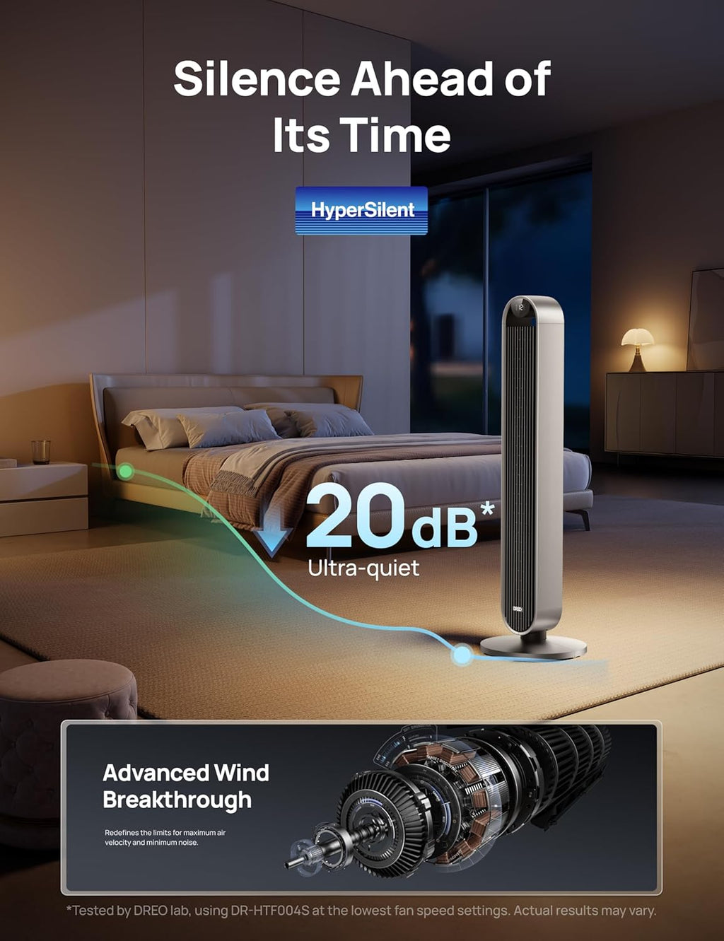 DREO Tower Fan for Bedroom, 42 Inch 120° Oscillating Fan, 20dB Quiet DC Motor, 28ft/s Velocity Bladeless Standing Fan with 12 Speeds, 4 Modes, 12H Timer Cooling Fans for Home, Living Room