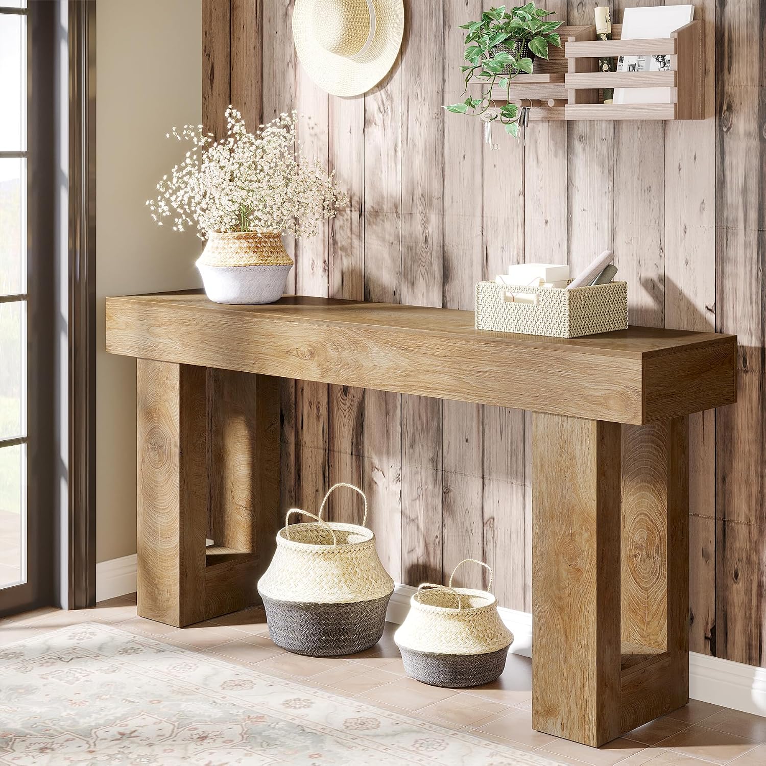 Tribesigns Farmhouse Console Table, 63-Inch Long Narrow Sofa Table Behind The Couch, Wooden Rectangular Entryway Table for Entrance, Hallway, Living Room (Natural)