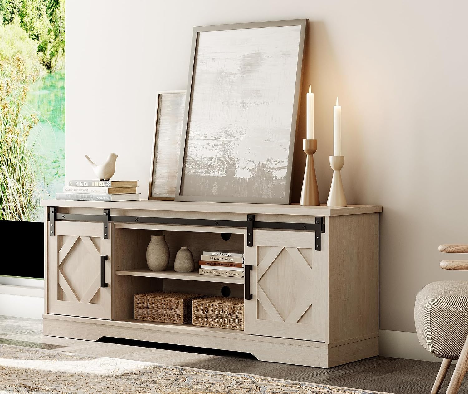 WAMPAT Modern Farmhouse TV Stand for TVs up to 65' with Sliding Barn Doors, 23.6' H Wood Entertainment Center with Adjustable Media Storage Shelf for Living Room, Beige Wood