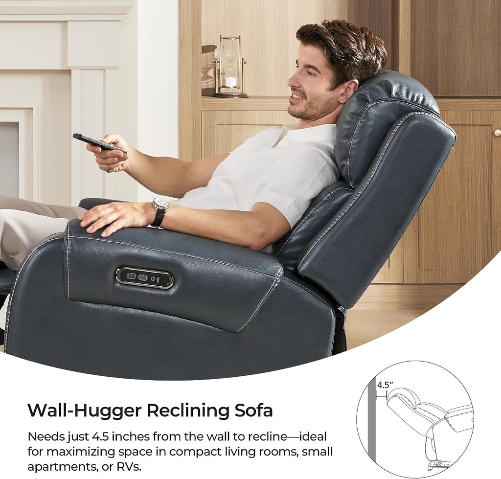 CHITA Genuine Leather Power Recliner Sofa, Wall Hugger Reclining Sofa with Power Headrest, Dual Motor, USB Charging Ports, Recliner Couch for Living Room, RV, Leather in Navy