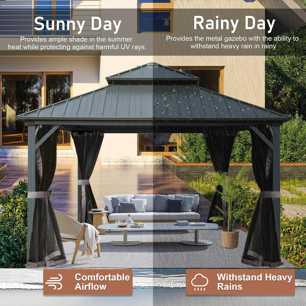 12' x 12' Hardtop Gazebo, Outdoor Aluminum Gazebo with Galvanized Steel Double Roof Canopy, Outdoor Permanent Metal Pavilion with Curtains and Netting for Patio, Backyard and Lawn, Dark Grey