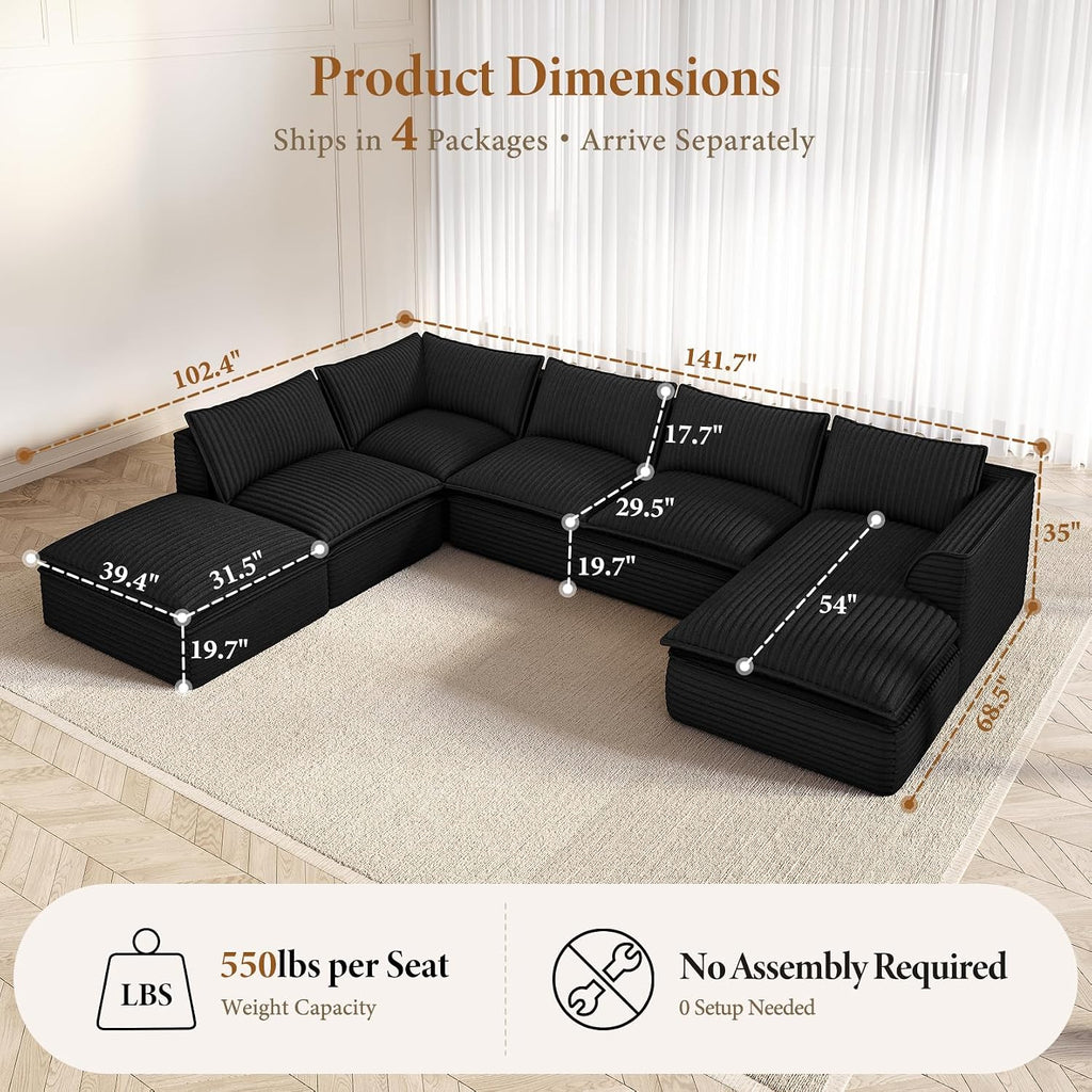 Vesgantti 141.7' Oversized Sectional Boneless Couch, Modern 7 Seater Modular Sofa with Chaise & Ottoman, Deep Seat Plush Corduroy Cloud Couches for Living Room, No Assembly Required, Black