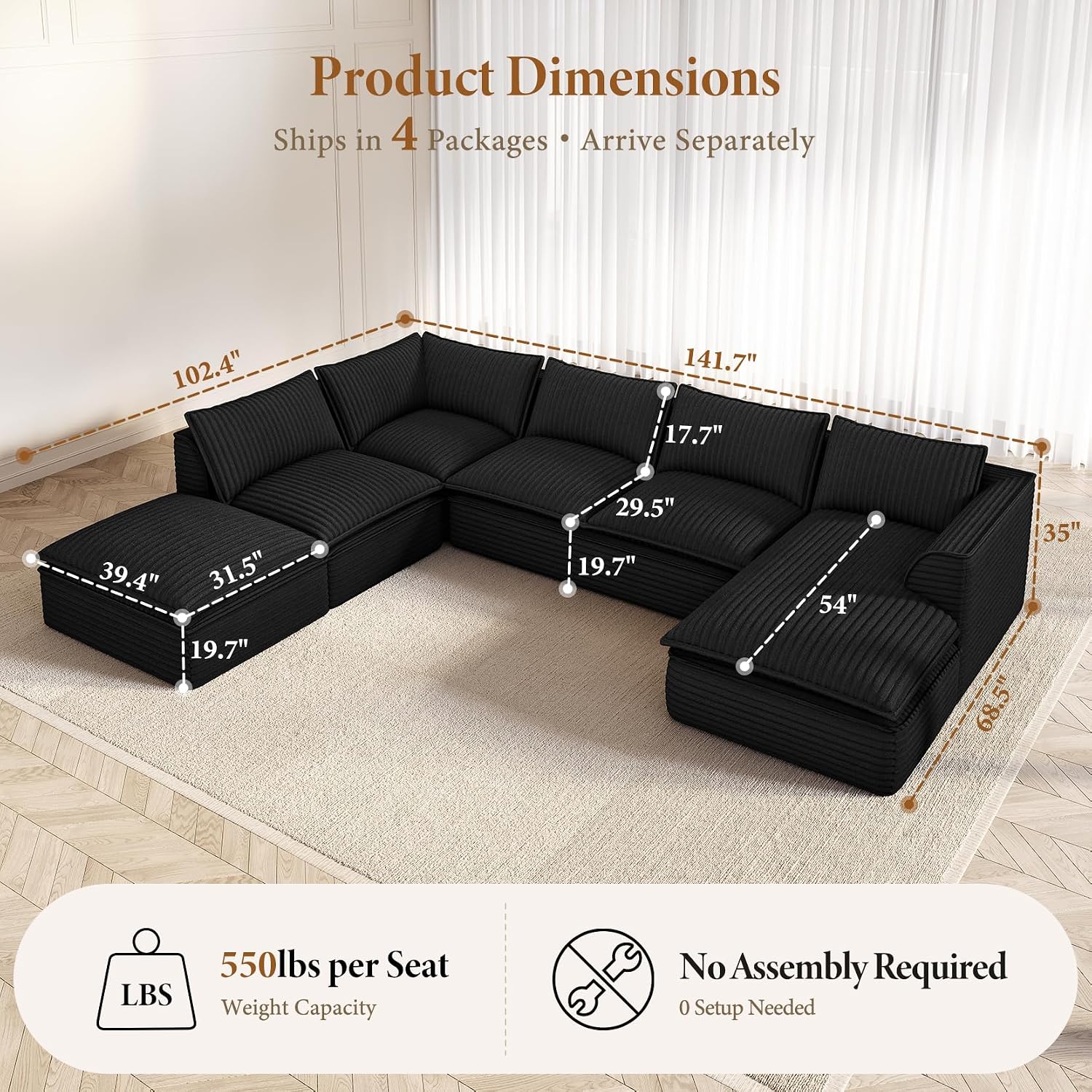 Vesgantti 141.7' Oversized Sectional Boneless Couch, Modern 7 Seater Modular Sofa with Chaise & Ottoman, Deep Seat Plush Corduroy Cloud Couches for Living Room, No Assembly Required, Black