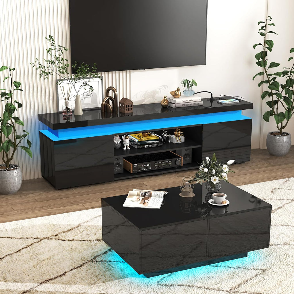 Hlivelood LED TV Stand for 75 Inch TV, Modern TV Stand with Power Outlet, High Gloss TV Console Entertainment Center with Storage and LED Lights for Living Room, Bedroom (66 Inch, Black)