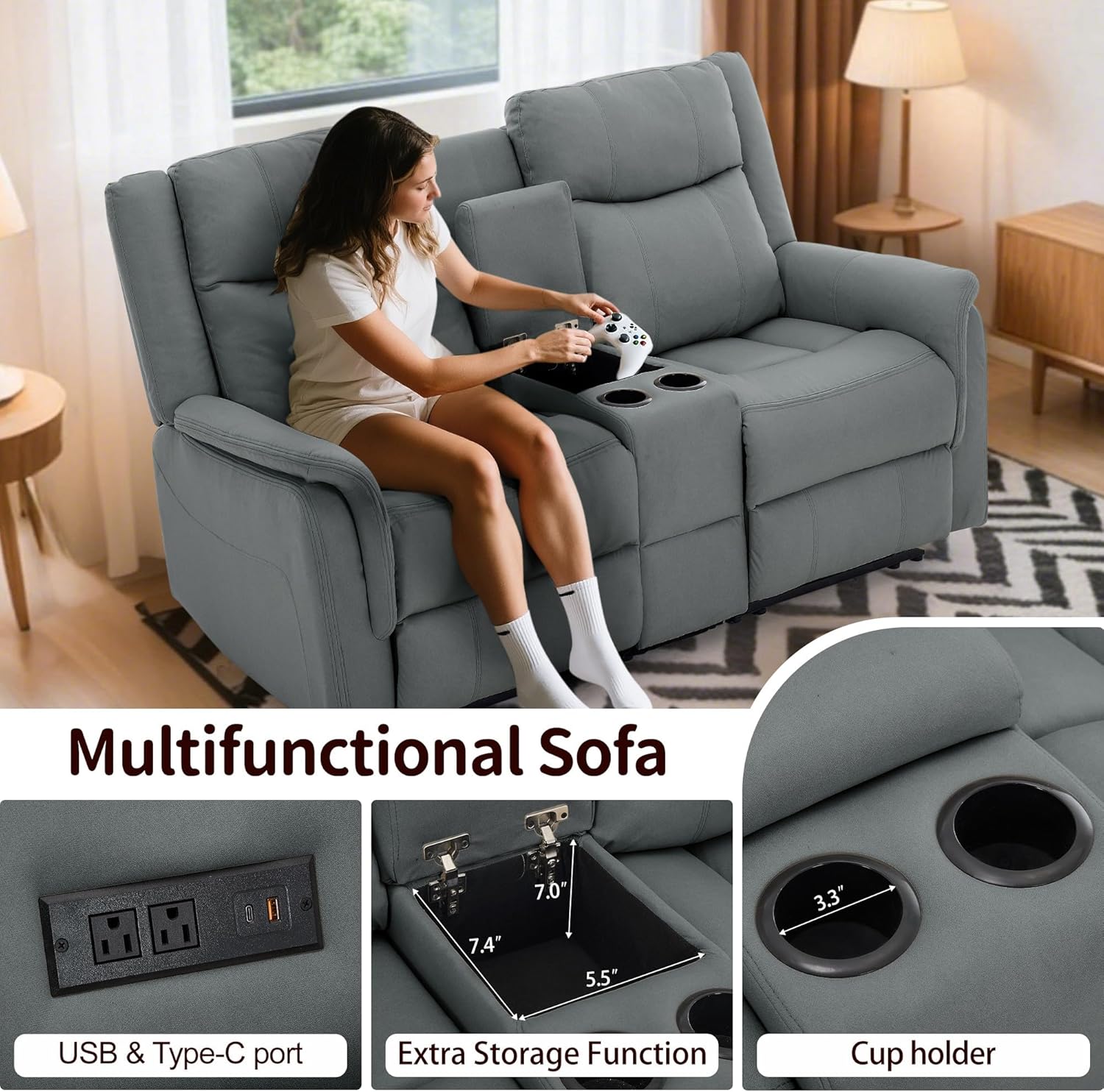 Korser Loveseat Recliner Sofa, Reclining Loveseat Couch, Reclining Couch with Console, USB Port, US Outlets, and Cup Holders, 2-Seater Sofa for Living Room