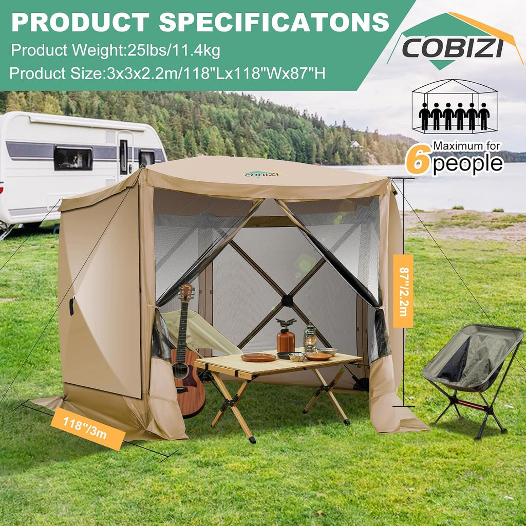 COBIZI 10x10 Pop up Gazebo Screen House Tent for Camping, Pop-up Camping Canopy with Sidewalls, Portable Outdoor Quick-Set Hub Tent with Carrying Bag&Ground Stakes, Khaki(Upgraded 2.0)