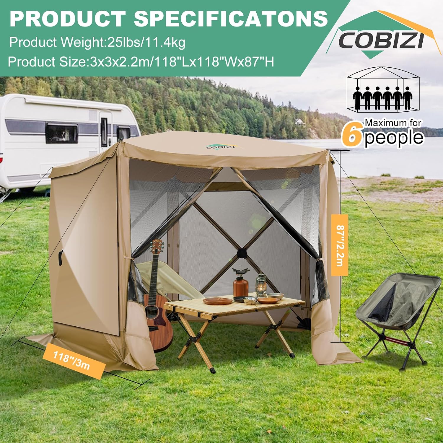COBIZI 10x10 Pop up Gazebo Screen House Tent for Camping, Pop-up Camping Canopy with Sidewalls, Portable Outdoor Quick-Set Hub Tent with Carrying Bag&Ground Stakes, Khaki(Upgraded 2.0)