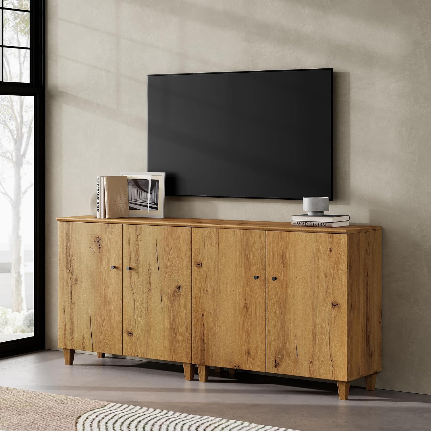 WAMPAT TV Stand Cabinets for TVs up to 75 Inches, 2-in-1 Wood Entertainment Center with Doors and 6 Compartments, 70.8' Modern Media Console Table with Storage for Living Room Bedroom, Oak Brown