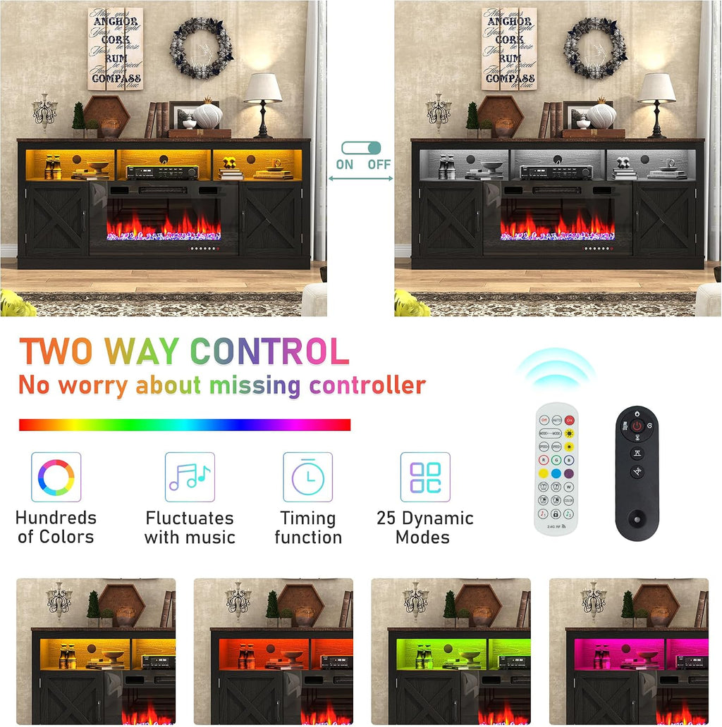 jiteentarou Farmhouse Fireplace TV Stand for 70/75/80 Inch TV, 32'Tall Entertainment Center w/ 36'Electric Fireplace and LED Light, 70'Media Console w/Barn Door Cabinet for Living Room, Black