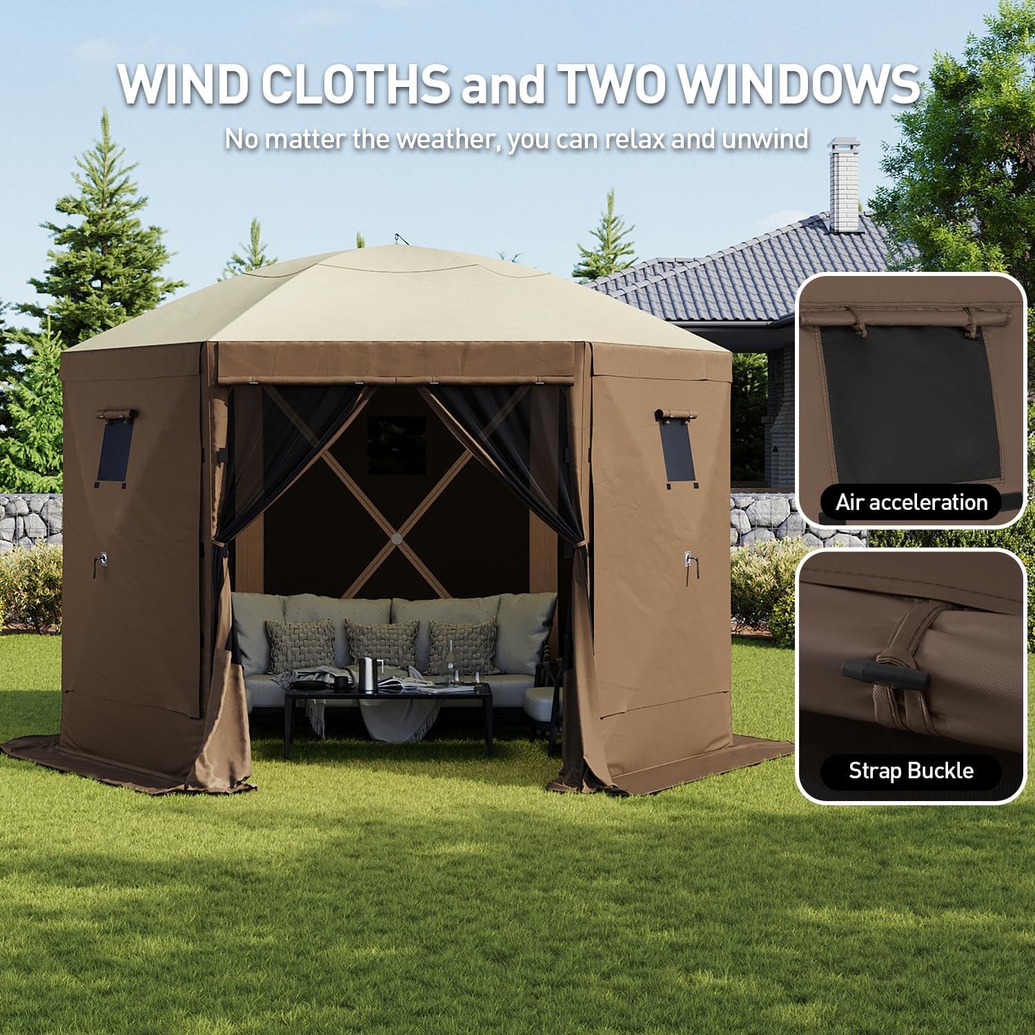 Aoxun 10x10FT Pop Up Canopy Tent, 6-Sided Pop-up Gazebo Screen Tent with Mesh Windows, Outdoor Canopy Shelter Tent with Carrying Bag, Large Shade Tents for Camping, Backyard, Patio, Lawn, Brown