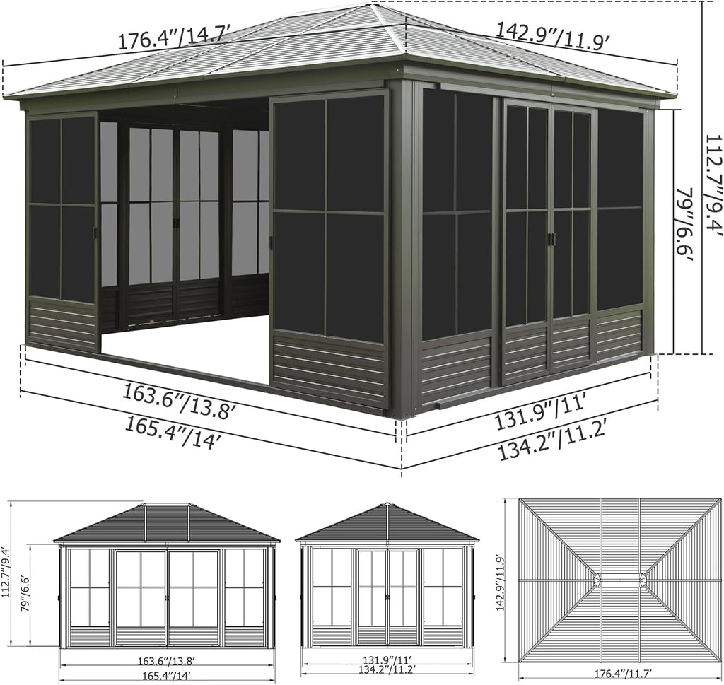 12x14FT Outdoor Sunroom Hardtop Gazebo with Lockable Doors & Movable PVC Windows | All-Weather Galvanized Steel Roof & Aluminum Frame, Black Solarium Screen House for Patio, Deck, Backyard