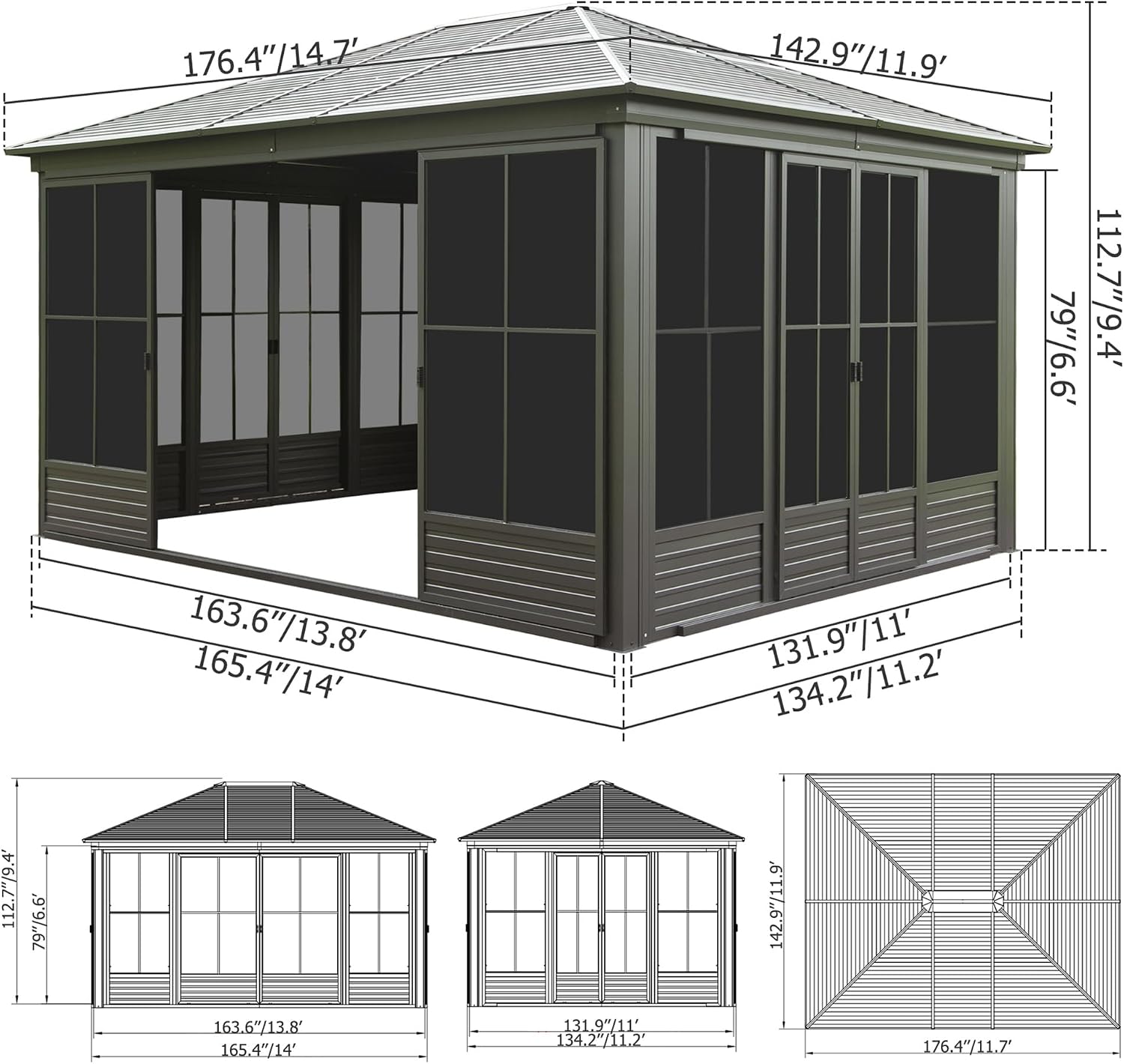 12x14FT Outdoor Sunroom Hardtop Gazebo with Lockable Doors & Movable PVC Windows | All-Weather Galvanized Steel Roof & Aluminum Frame, Black Solarium Screen House for Patio, Deck, Backyard