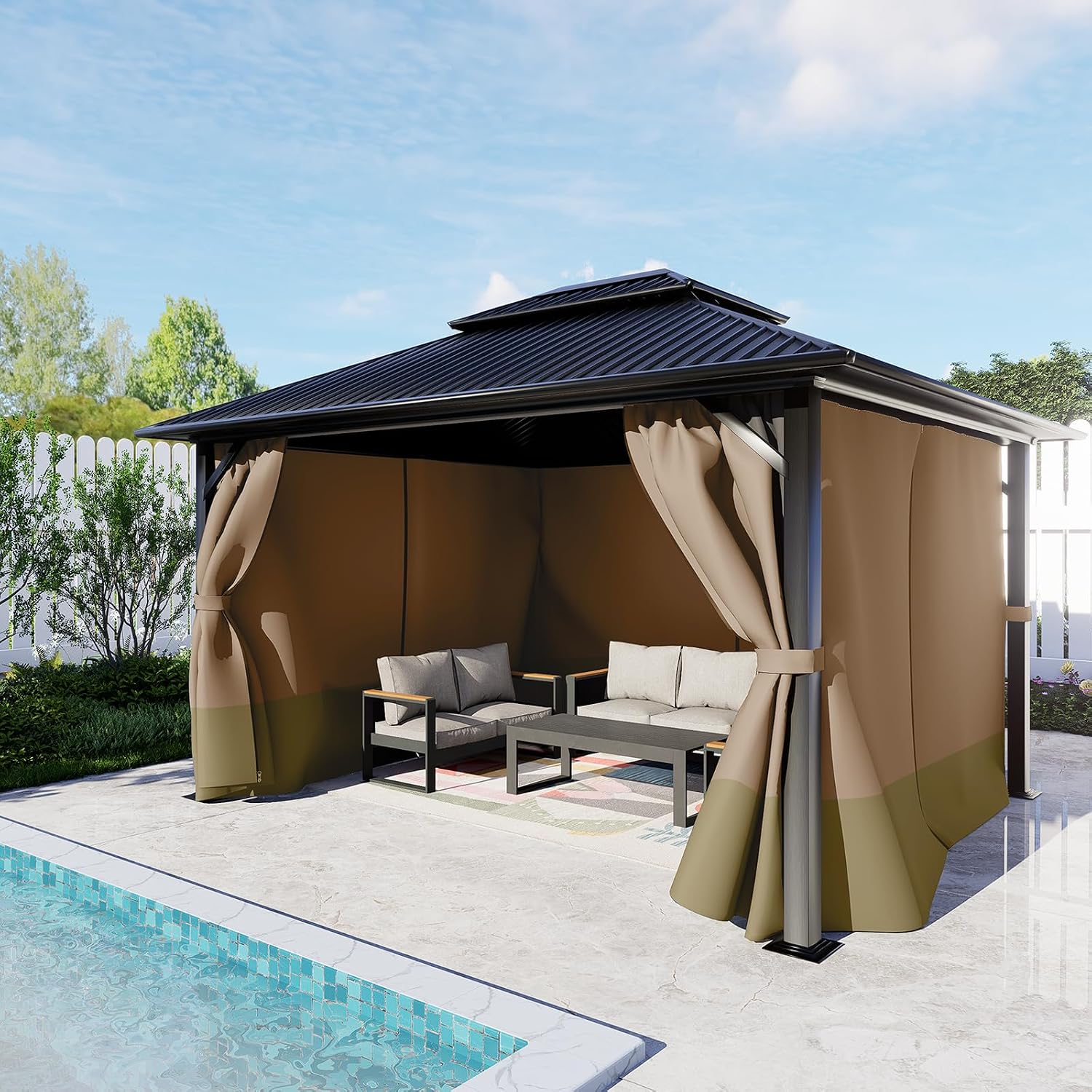 BPS 12' x 14' Gazebo Privacy Curtains with Double Zipper, 4-Panels Side Wall Universal Gazebo Side Panels Replacement for Patio, Outdoor Canopy, Garden and Backyard (Curtain Only)