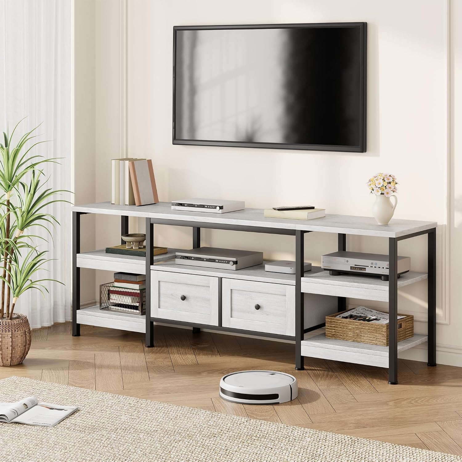 GarveeHome Rustic 71 in TV Stand for TVs Up to 75', Industrial Media Console with 2 Drawers and Open Storage Shelves, Sturdy Metal Frame Entertainment Center, White