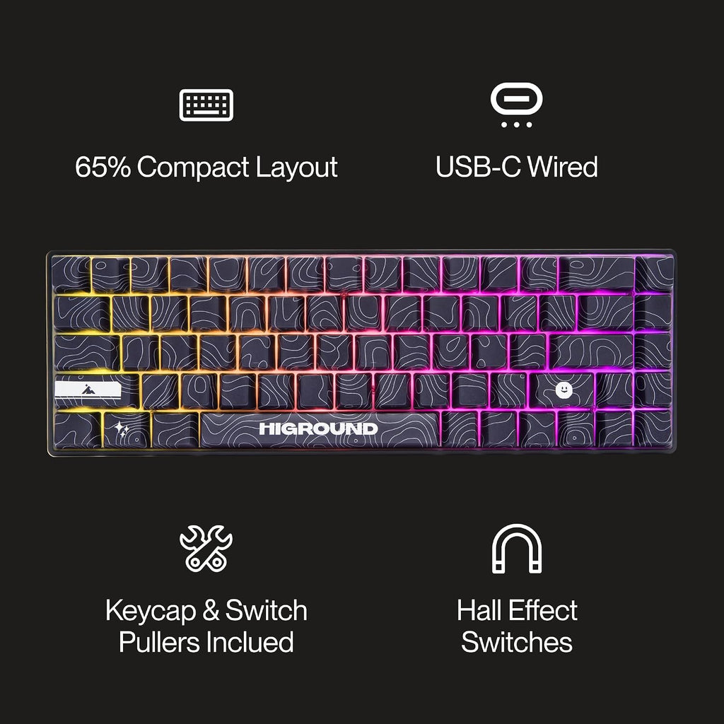 Higround Basecamp 65HE BLACKICE Keyboard, 65% Mechanical USB Wired PC Gaming Keyboard with Gateron KS-37 Magnetic Switches, Programable RGB, Hot-Swappable, Deep Thock Creamy Sounding, Pre-lubed