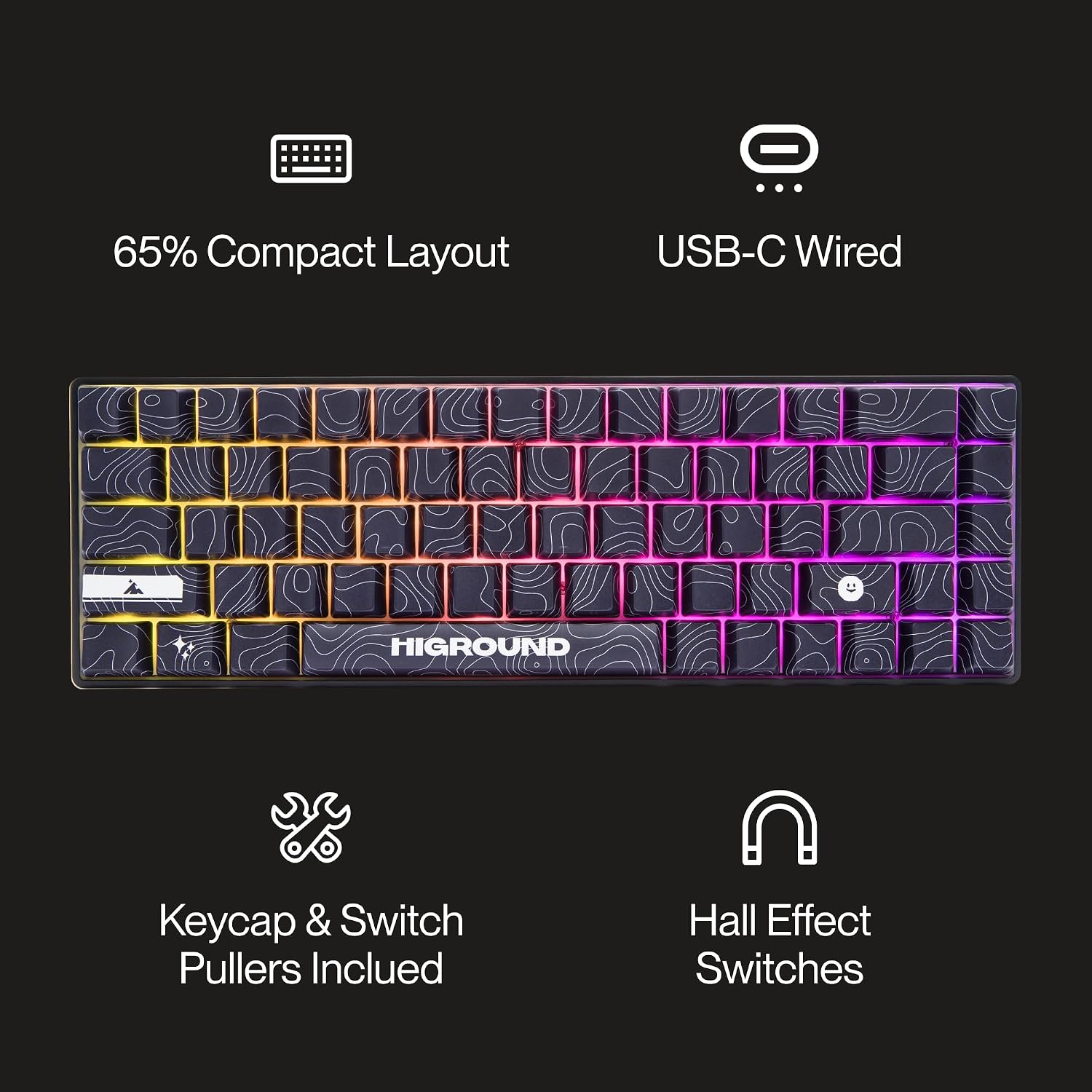 Higround Basecamp 65HE BLACKICE Keyboard, 65% Mechanical USB Wired PC Gaming Keyboard with Gateron KS-37 Magnetic Switches, Programable RGB, Hot-Swappable, Deep Thock Creamy Sounding, Pre-lubed