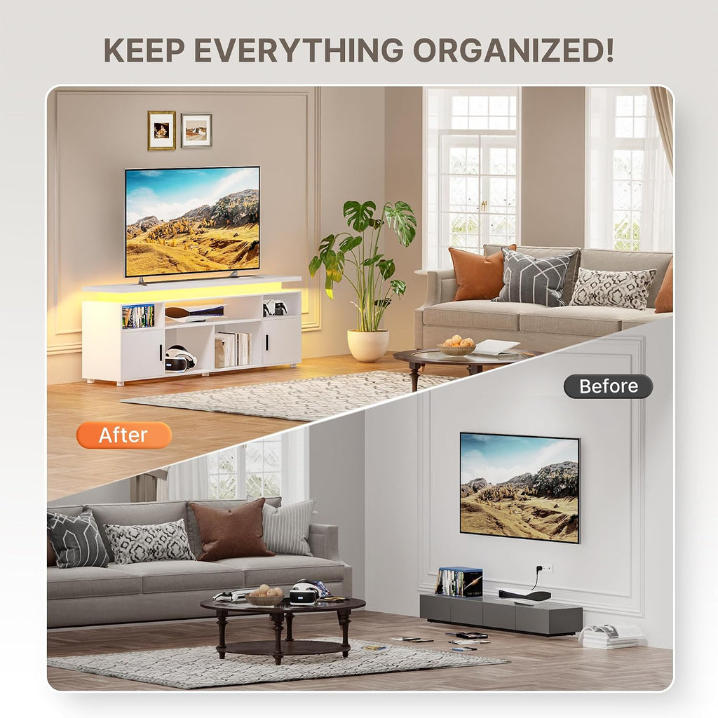 SUNCOZE TV Stand, Entertainment Center with LED Lights and Cabinet for 70/75/80 Inch TV, Modern TV Console Gaming Media Television Stands with Power Outlets for PS5 in Living Room and Bedroom, White