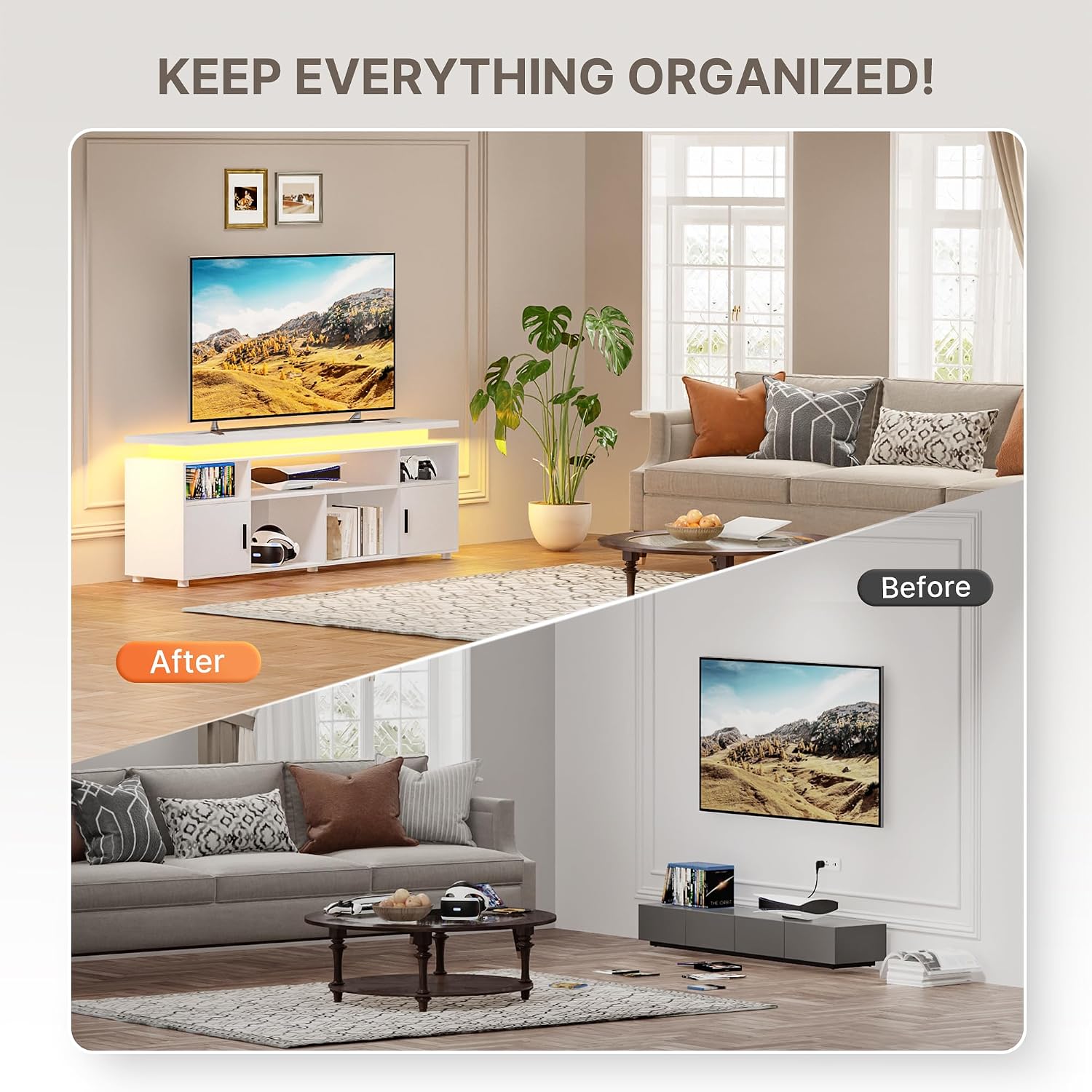 SUNCOZE TV Stand, Entertainment Center with LED Lights and Cabinet for 70/75/80 Inch TV, Modern TV Console Gaming Media Television Stands with Power Outlets for PS5 in Living Room and Bedroom, White