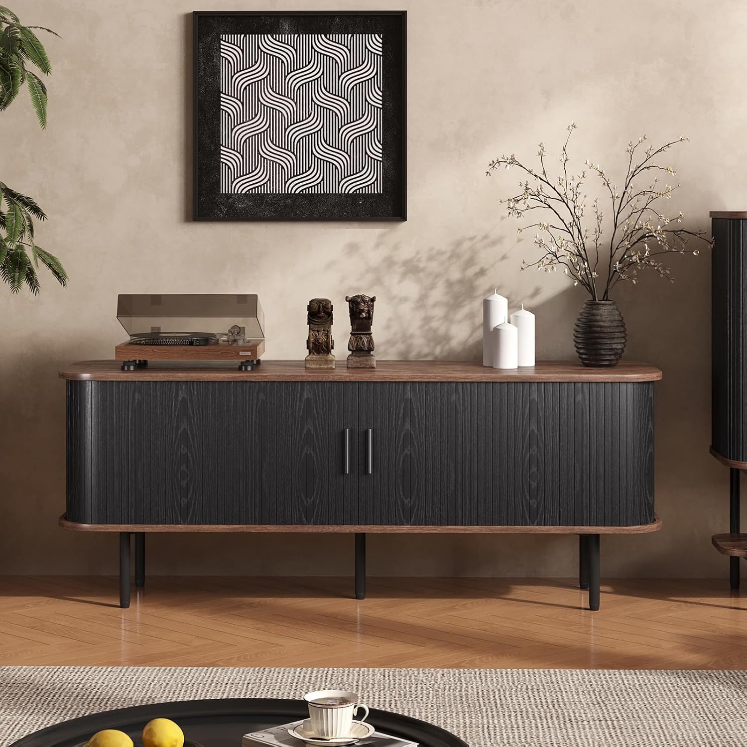 Befrases 55''W Modern TV Stand Cabinet with Storage for TVs up to 60 Inch, Fluted TV Entertainment Center with Slatted Tambour Doors, Media Console for Living Room, Entryway, Black