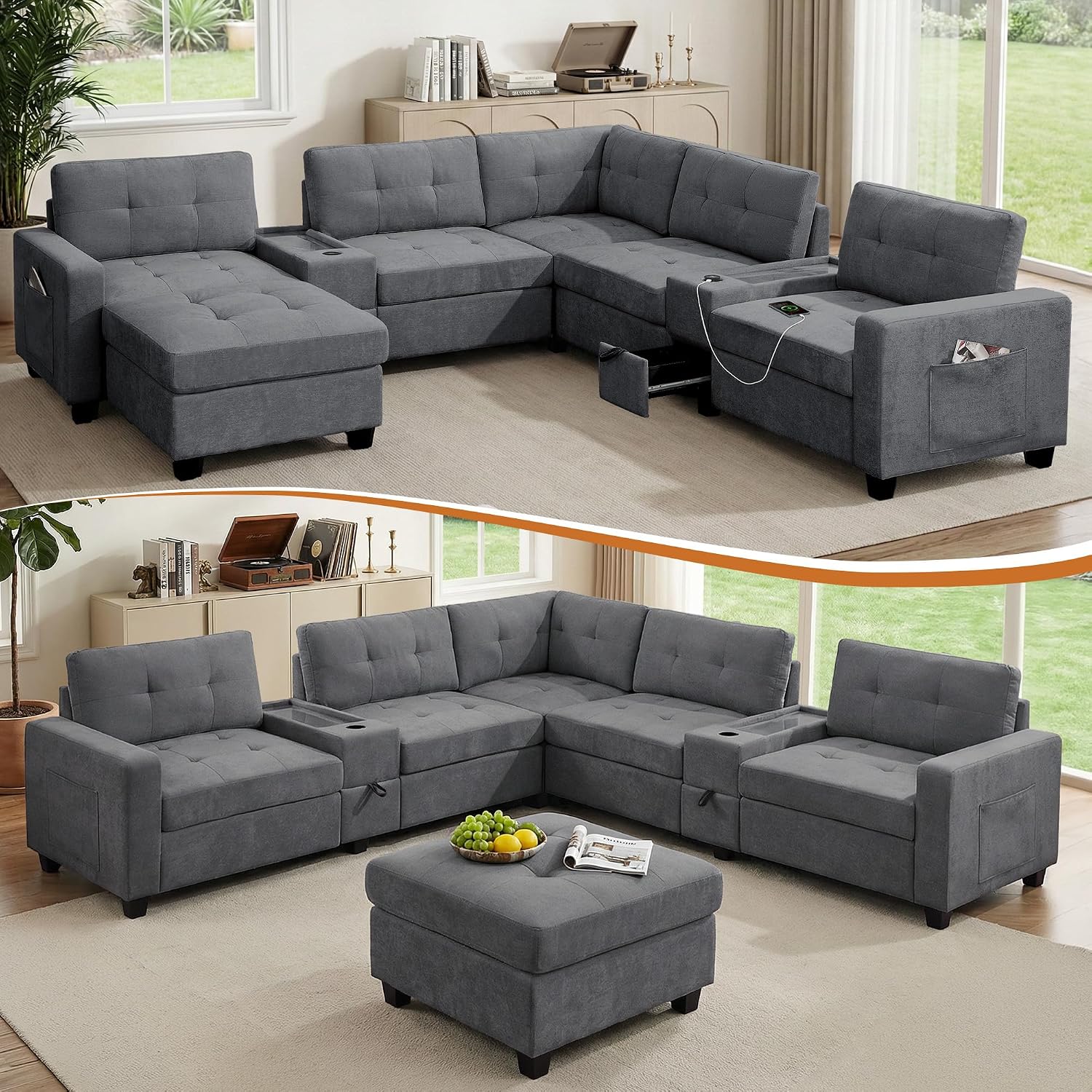 103'' Modular Sectional Sofa couch with 2 Acrylic Consoles, Oversized U Shaped Couch with USB Charger, Storage Drawers,Pockets and Movable Ottoman, Chenille Sectional Couches for Living Room ,Gray