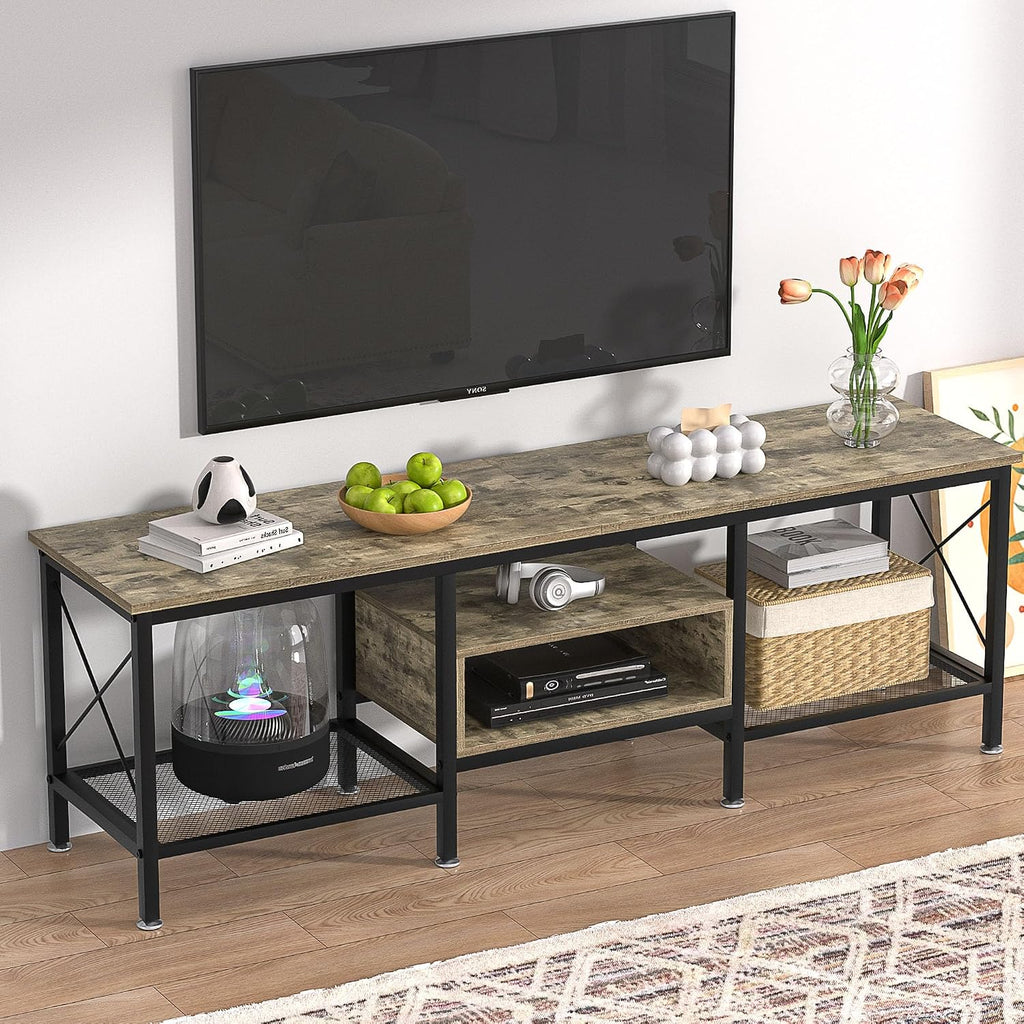 VECELO Industrial TV Stand for 65 Inch Television Cabinet 3-Tier Console with Open Storage Shelves, Entertainment Center Metal Frame for Living Room, Bedroom, 55 Inch, Grey