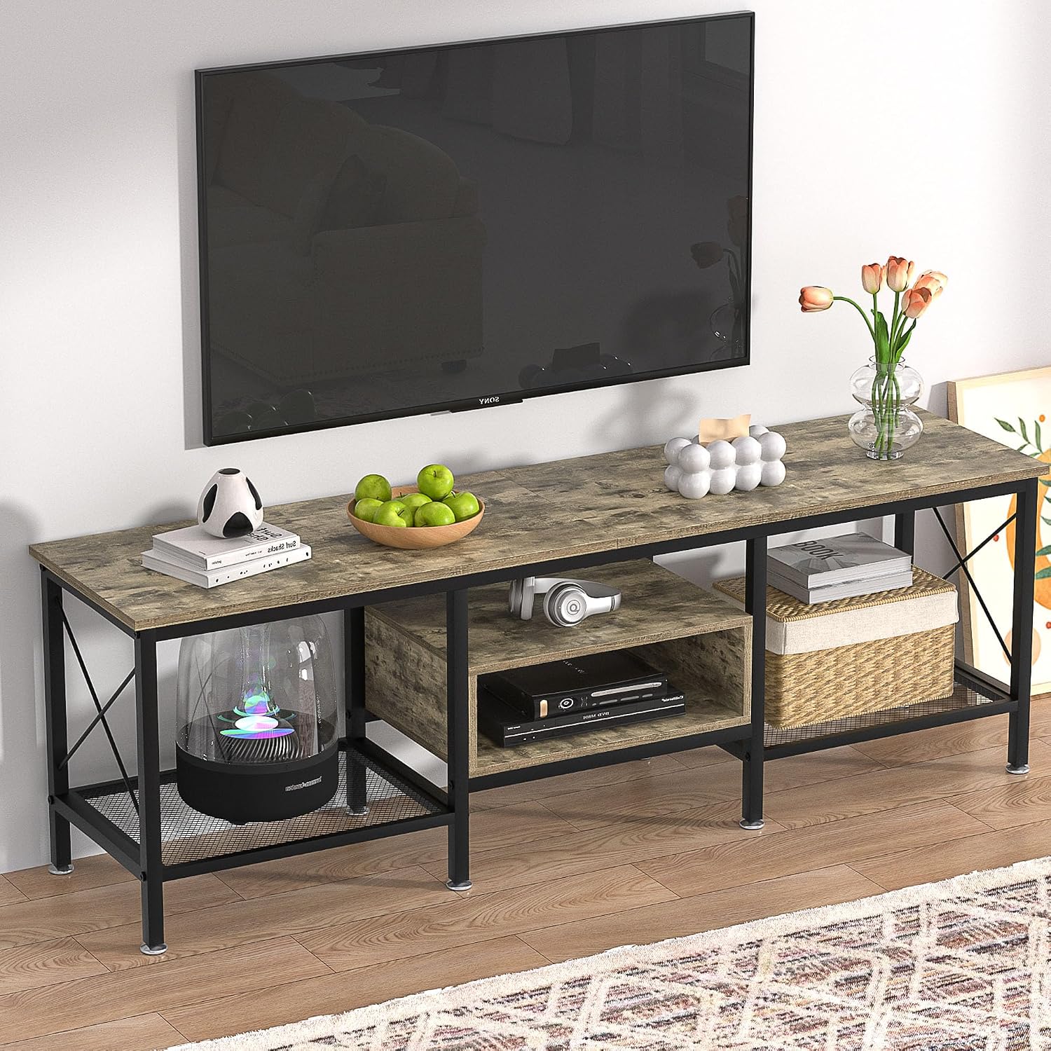 VECELO Industrial TV Stand for 65 Inch Television Cabinet 3-Tier Console with Open Storage Shelves, Entertainment Center Metal Frame for Living Room, Bedroom, 55 Inch, Grey