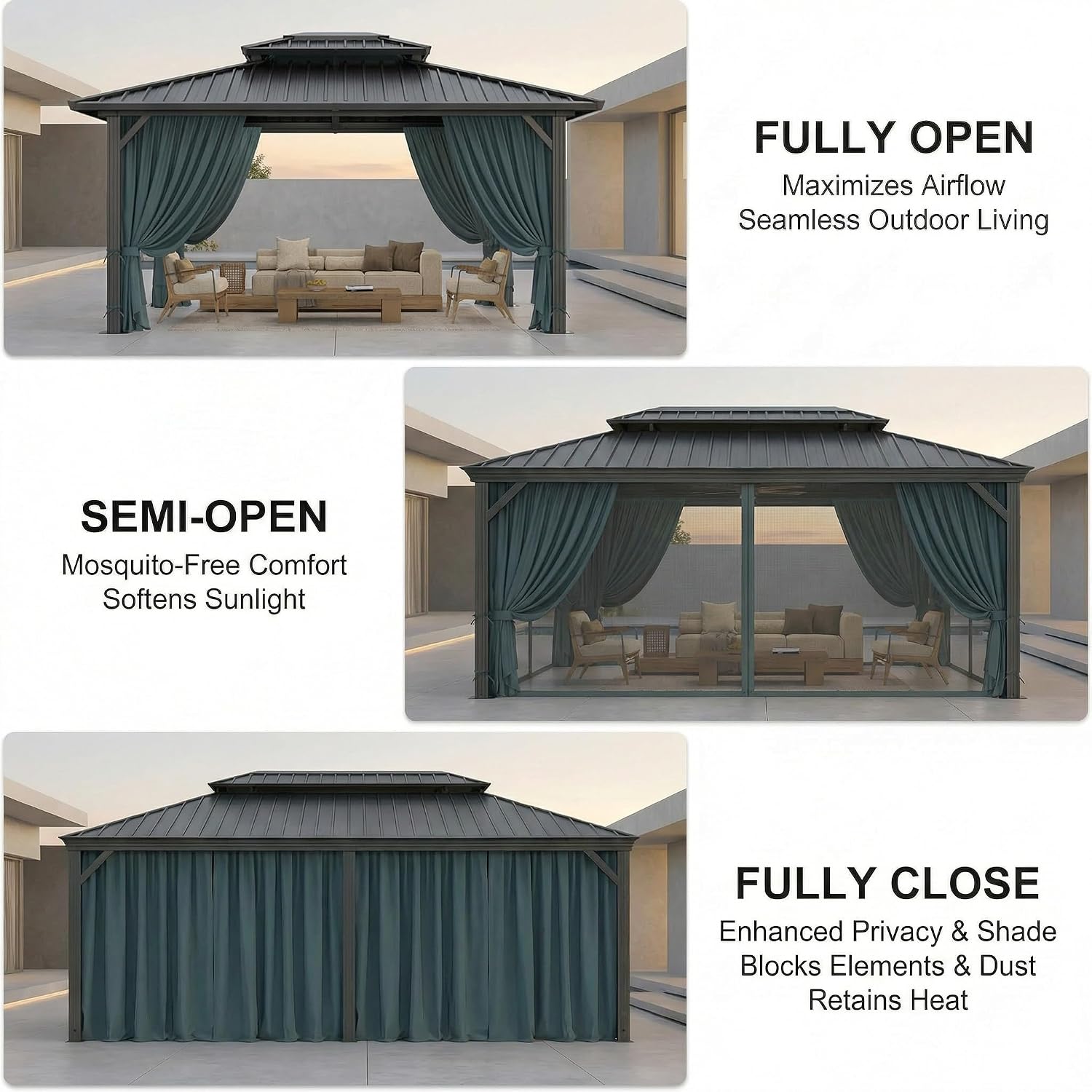 HOTEEL 10x12 Hardtop Gazebo Hot Tub Gazebo with Flame-Retardant Curtain Netting, Heavy Duty Pavilion with Galvanized Steel Double Roof, Aluminum Frame Outdoor Canopy for Patio, Party (2025 Upgraded)