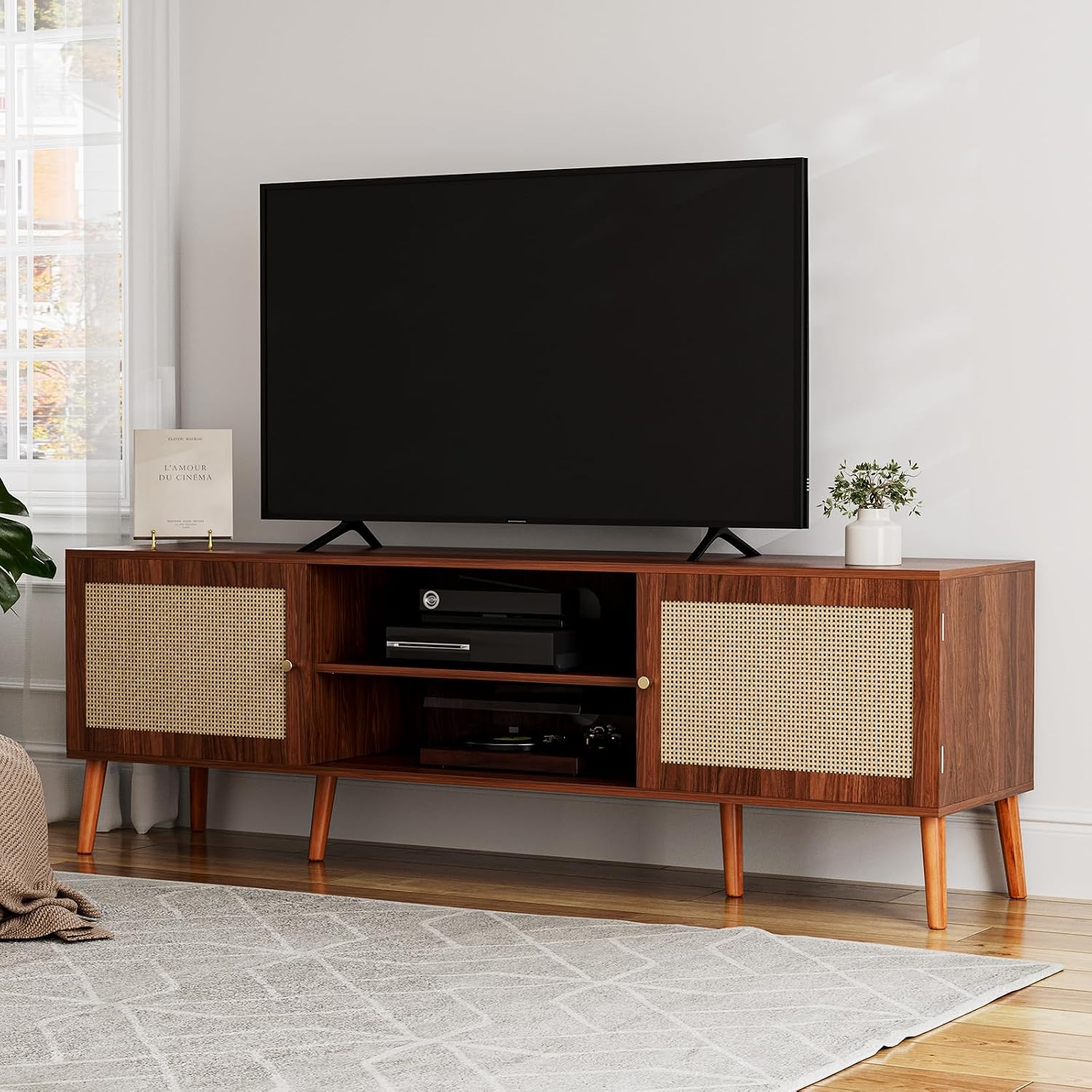 ZttRiee TV Stand for TVs up to 65'', Entertainment Center With Rattan Door, Shelves & 2 Cabinets, Long Boho Media Console for Living Room, Walnut
