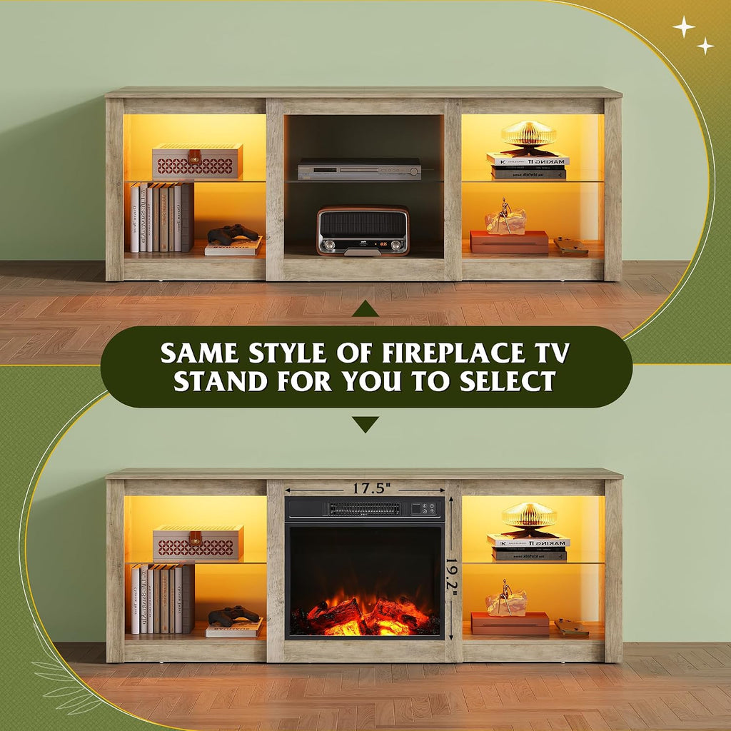 WLIVE 58 Inches Fireplace TV Stand with LED Lights, Modern Entertainment Center with 18'' Electric Fireplace & Adjustable Glass Shelves, Sturdy Media Console for Living Room, Bedroom (Grey Oak)