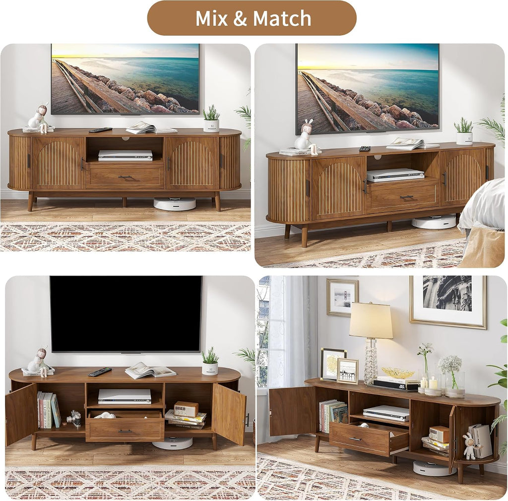 Mxtxmy 70' Fluted TV Stand for Tvs up to 80', Mid-Century Modern Entertainment Center with Drawers and Fluted Doors, Curved TV Media Console Table with Sliding Doors for Living Room, Bedroom (70')
