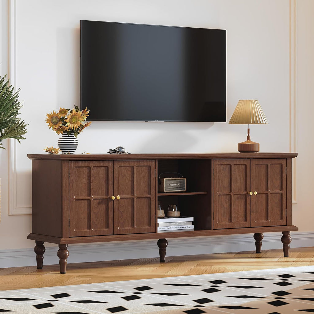3More 67' Mid Century Modern TV Stand with Window Design,Wood Entertainment Center with Open Shelf,Up to 70' Media TV for Living Room or Bedroom,Walnut