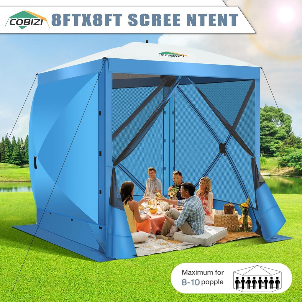 COBIZI 6x6FT Pop Up Gazebo Screen Tent Screen House for Camping, Screen Room with Sidewalls and Mosquito Netting, Hub Tent Instant Screened Canopy with Carrying Bag and Ground Stakes, Blue
