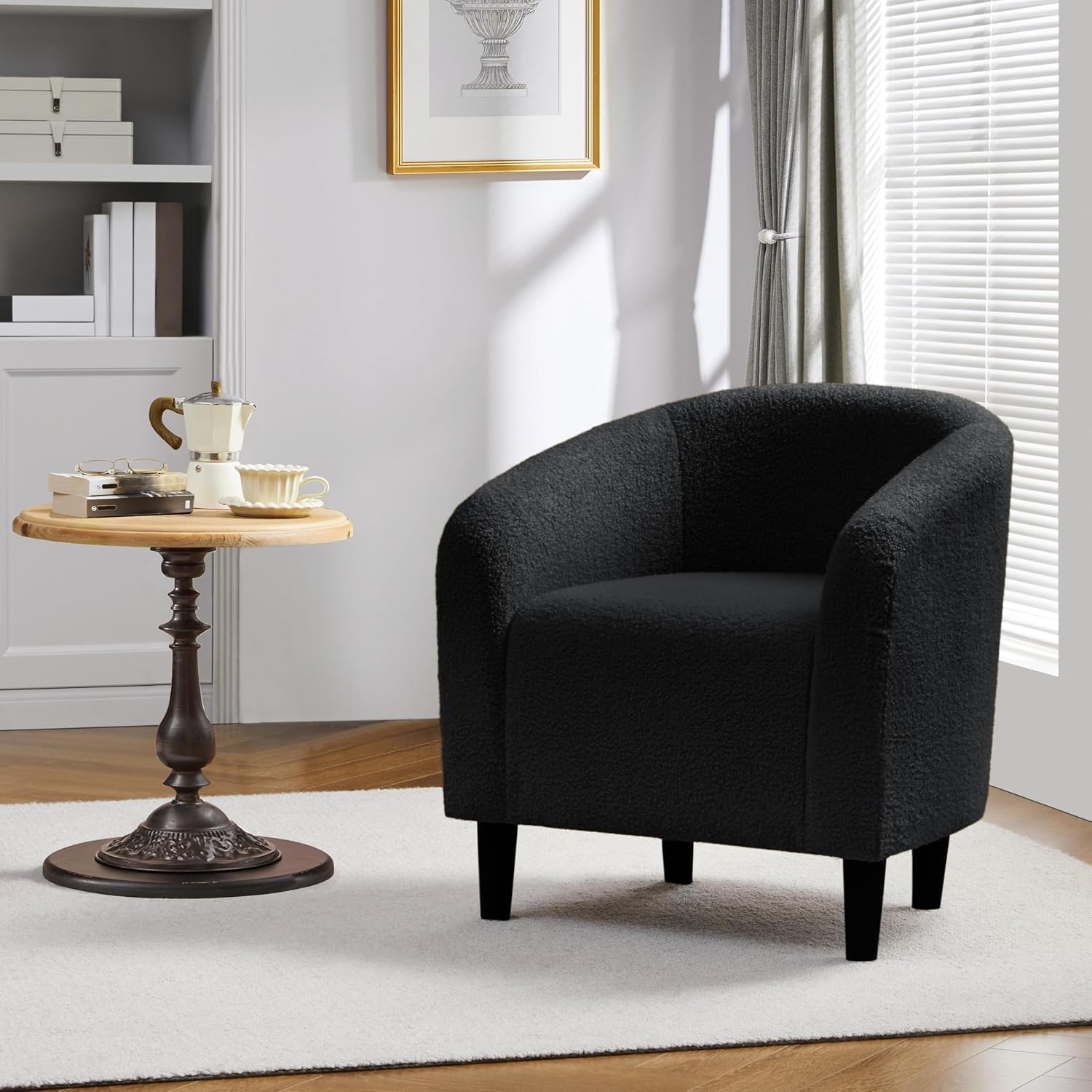 Yaheetech Accent Barrel Chair, Boucle Fabric Club Chair, Furry Sherpa Elegant Armchair with Cozy Soft Padded, Suitable for Living Room Bedroom Reception Office, Black