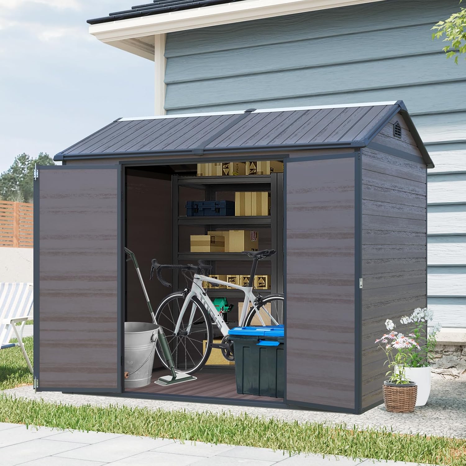 8x6 ft Outdoor Resin Storage Shed with Floor, Waterproof Plastic Garden Shed with Lockable Door and Two Windows, All-Weather Tool Sheds for Backyard, Patio, Lawn (Brown)