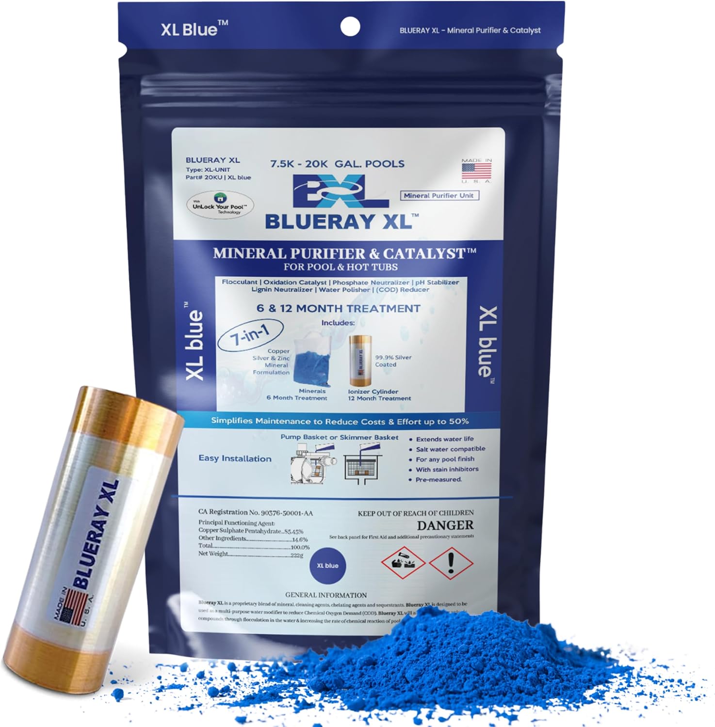 XL Blue Mineral Purifier & Catalyst™ - Water Clarifier for Pools with Mineral Pack & Copper Ionizer – Starter Pack for 7.5K-20K GAL.