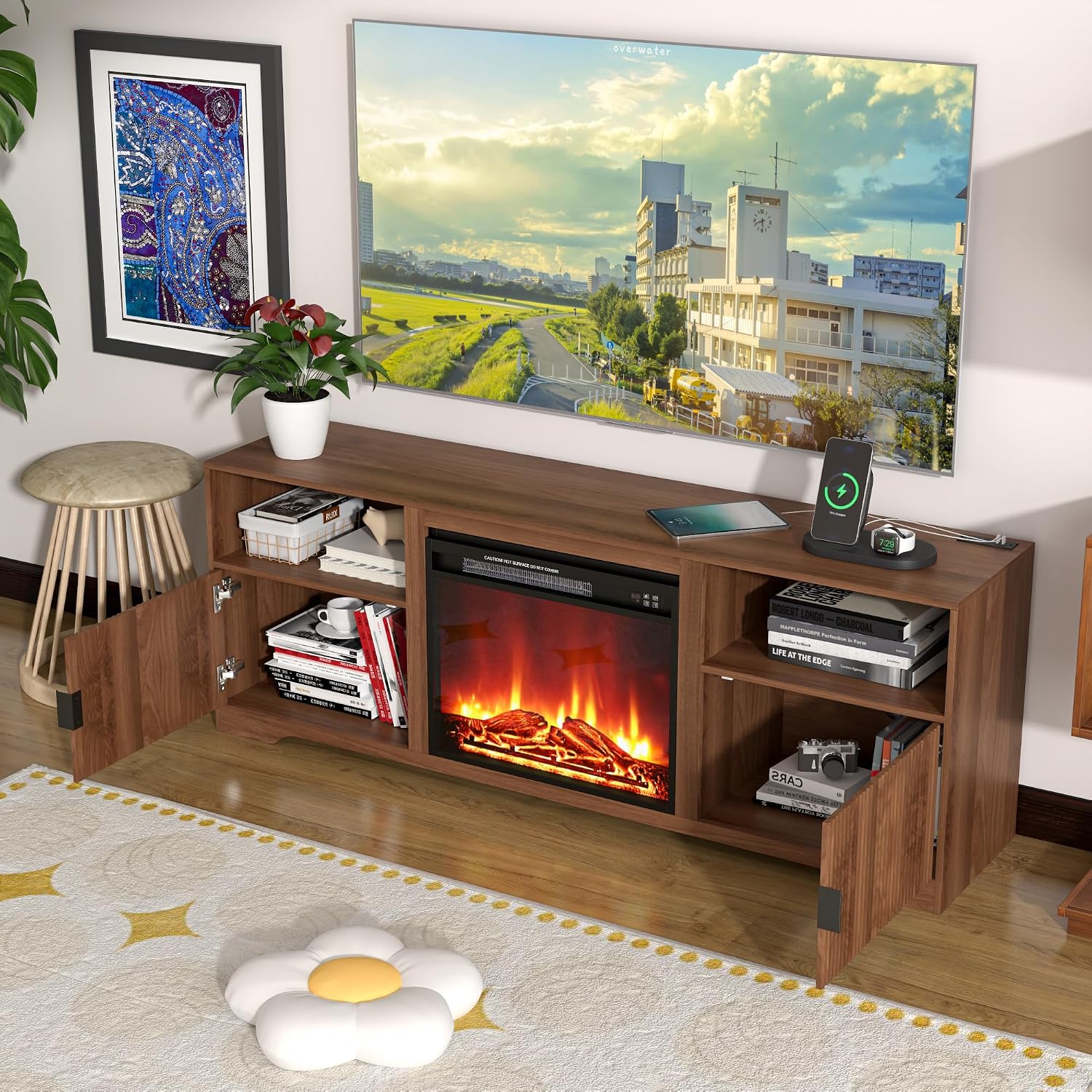 Fireplace TV Stand for Television up to 80 Inch,Entertainment Center with Adjustable Shelf,Mid-Century Modern Fluted TV Stand with 23' Electric Fireplace,Media Console for Living Room,Bedroom