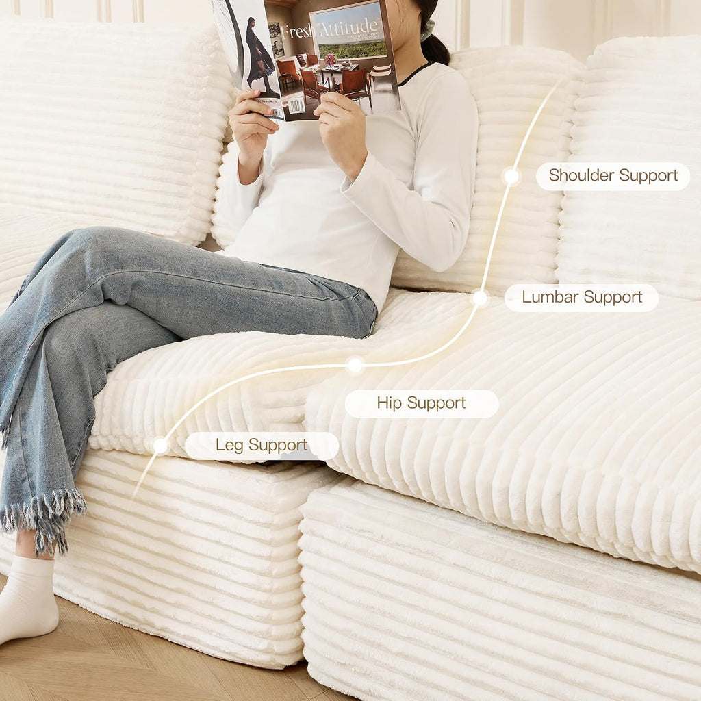 Plush Corduroy Cloud Sectional Couches for Living Room Boneless Modular Sectional Sofa Convertible 3-Seater L Shaped Couch with Ottoman. White Sofa.