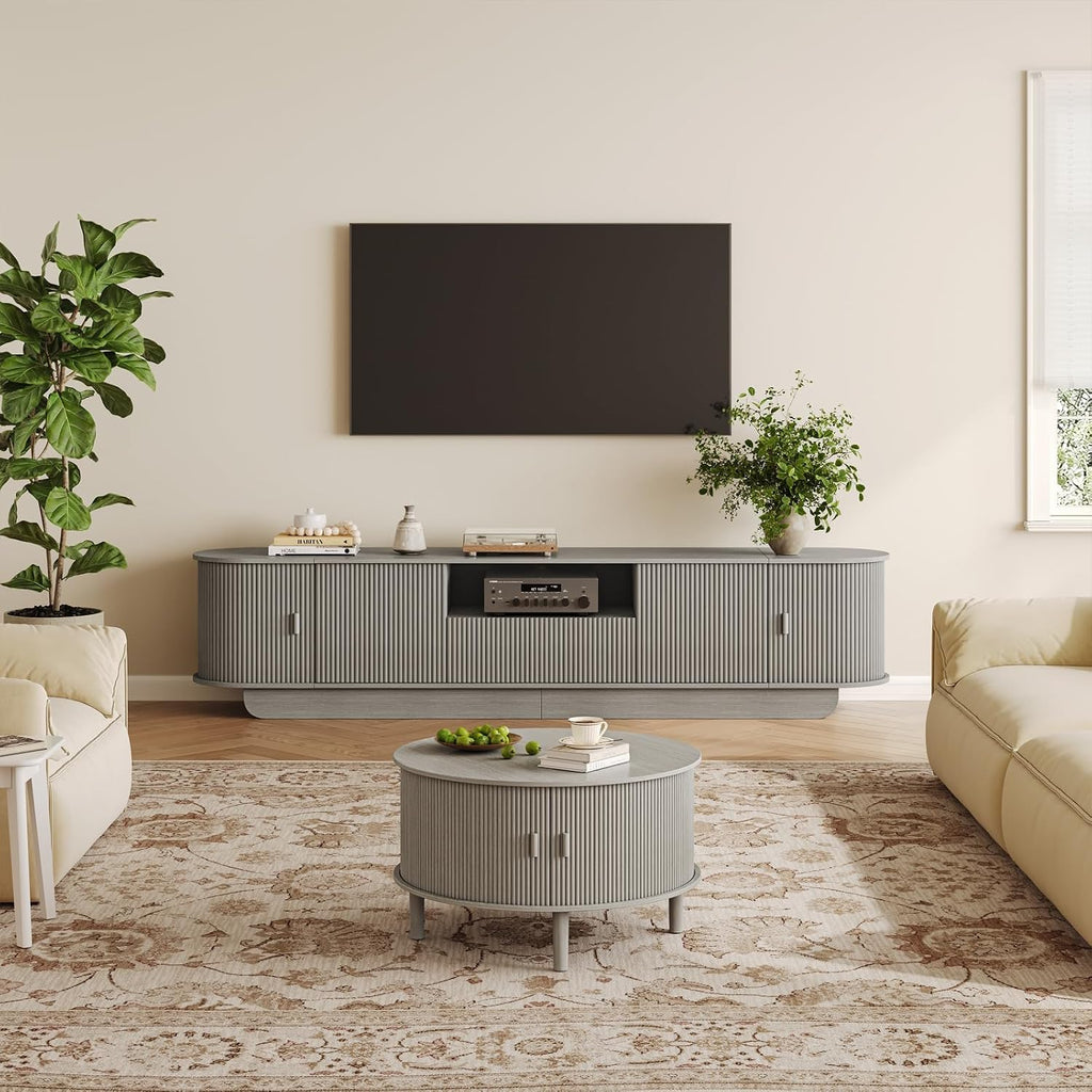 Coffee Table and TV Stand Set of 2, Round Center Table with Storage, Fluted Coffee Table with 360° Sliding Doors, 86.6' Entertainment Center for Bedroom, Living Room, Grey