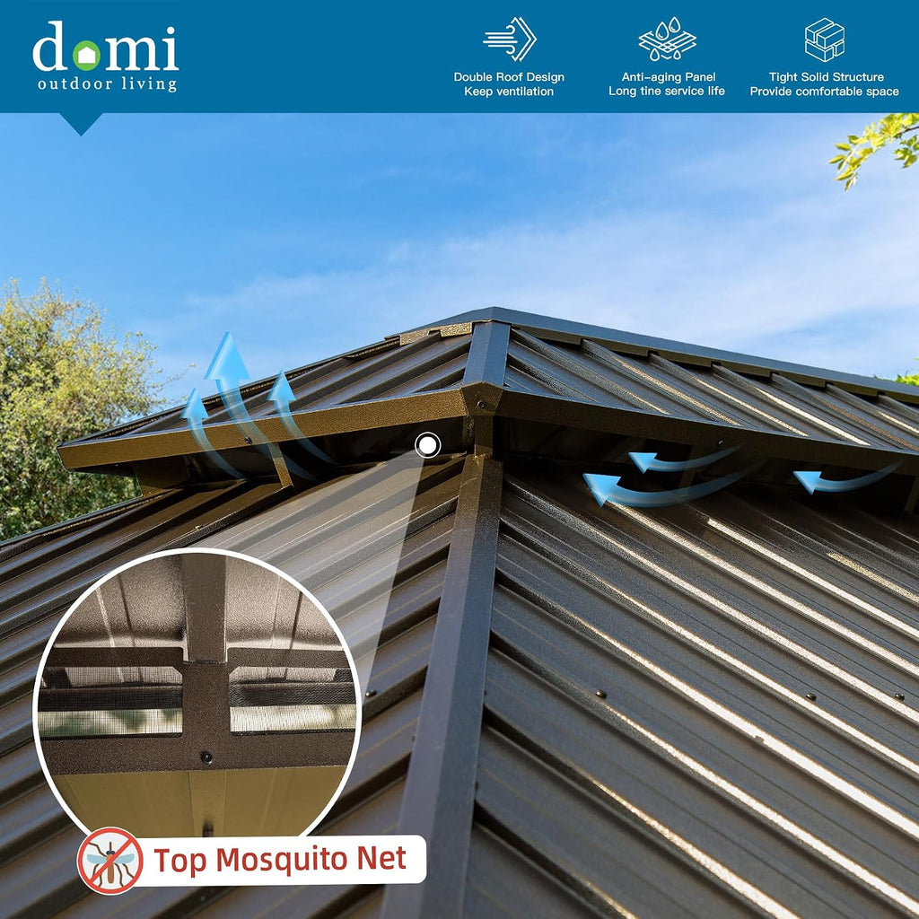 Domi Outdoor Living 12'x14' Hardtop Gazebo, Wooden Coated Aluminum Frame Canopy with Galvanized Steel Double Roof, Outdoor Permanent Metal Pavilion with Curtains and Netting for Patio, Deck and Lawn