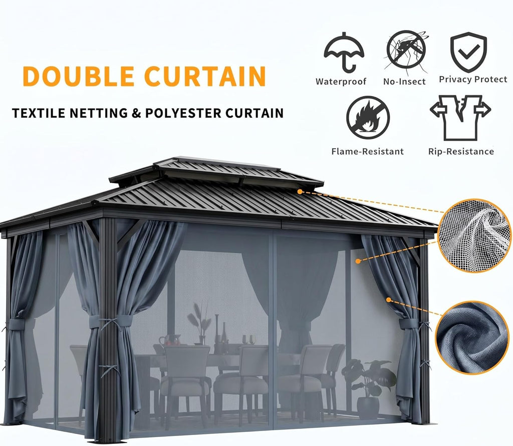 HOTEEL 10x12 Hardtop Gazebo on Clearance with Heavy Duty Galvanized Steel Double Metal roof,Aluminum Frame,Patio Hard Top Screened in Gazebo with Curtains,Outdoor Permanent Pavillon for Backyard,Gray